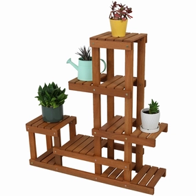 Sunnydaze Meranti Wood Multi-Tiered Plant Stand - Teak Oil Finish decorative outdoor planter box designs
