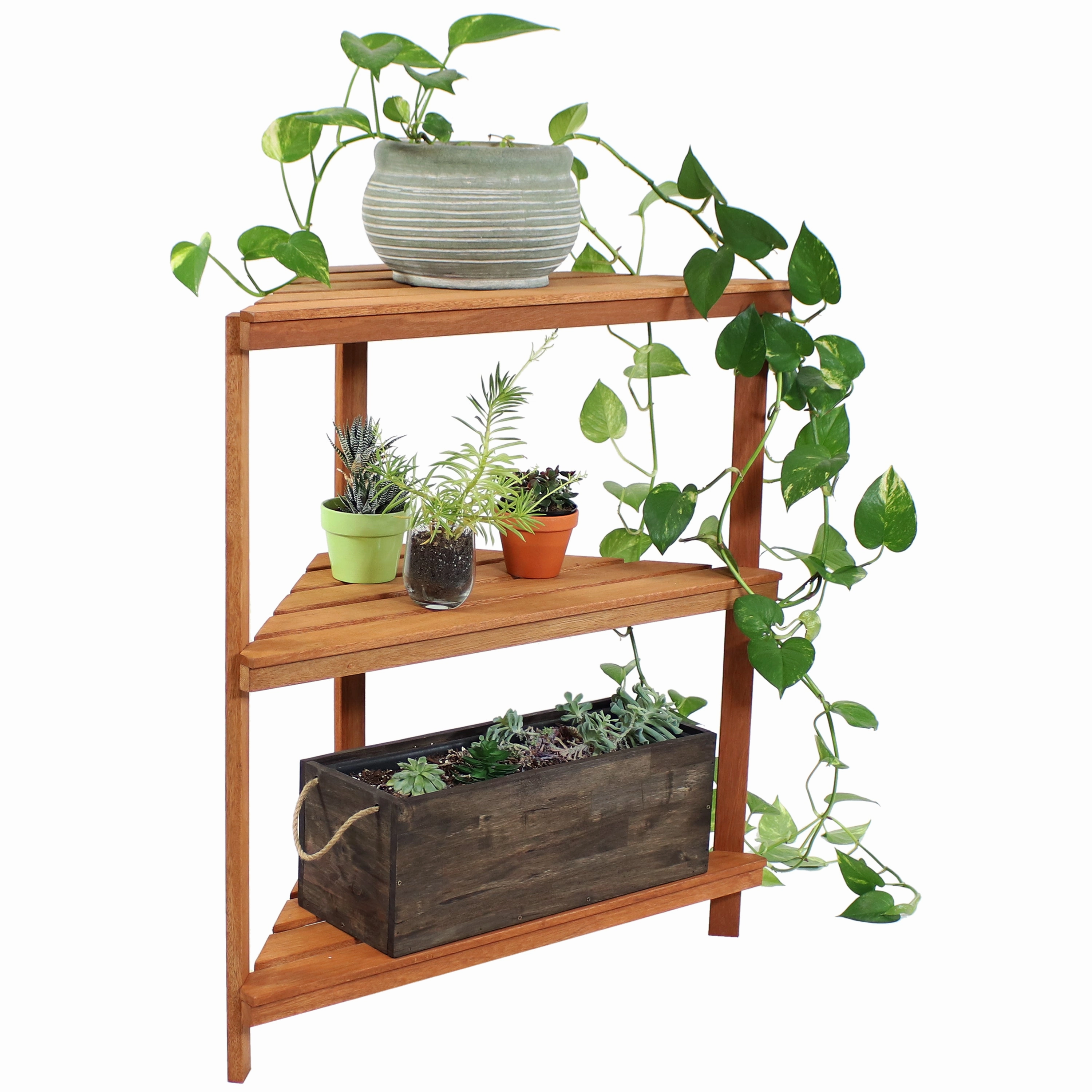 Sunnydaze Meranti Wood Teak Oil Finish 3-Tier Corner Plant Stand decorative outdoor planter box designs