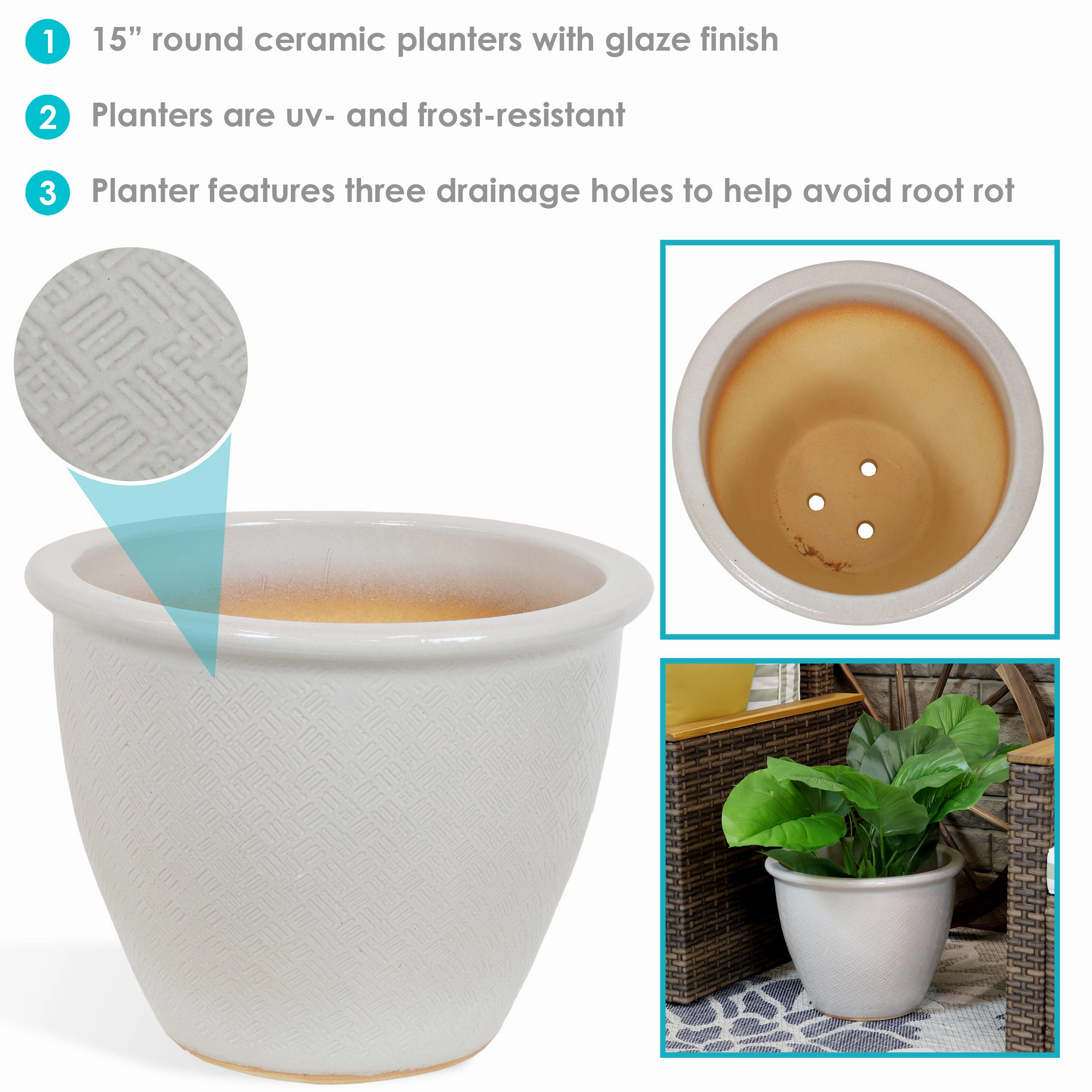 Sunnydaze Ocean Villa Glazed Ceramic Planter with Drainage - 15"