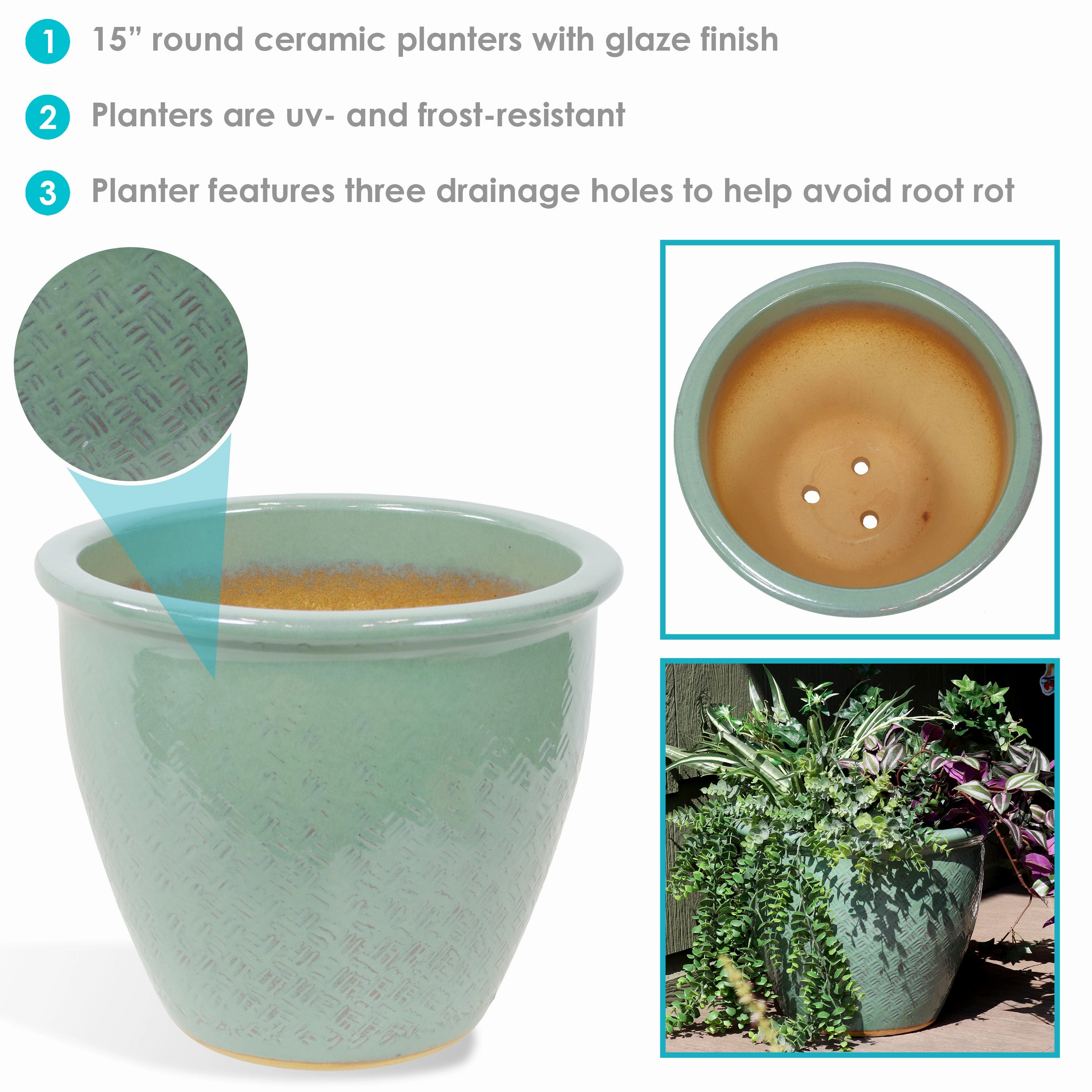 Sunnydaze Ocean Villa Glazed Ceramic Planter with Drainage - 15"