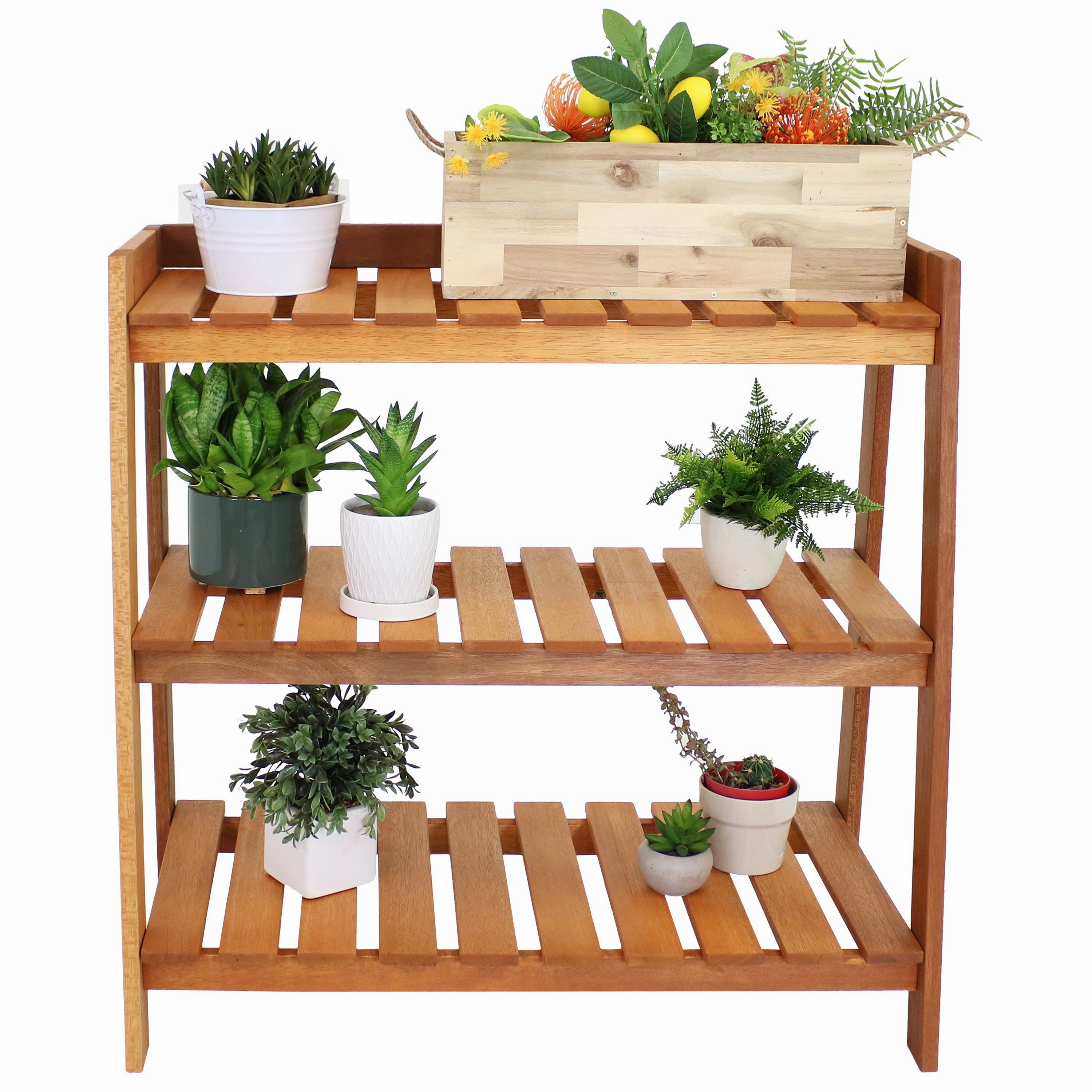 Sunnydaze Outdoor Meranti Wood Garden Shelf with Teak Oil Finish decorative outdoor planter box designs