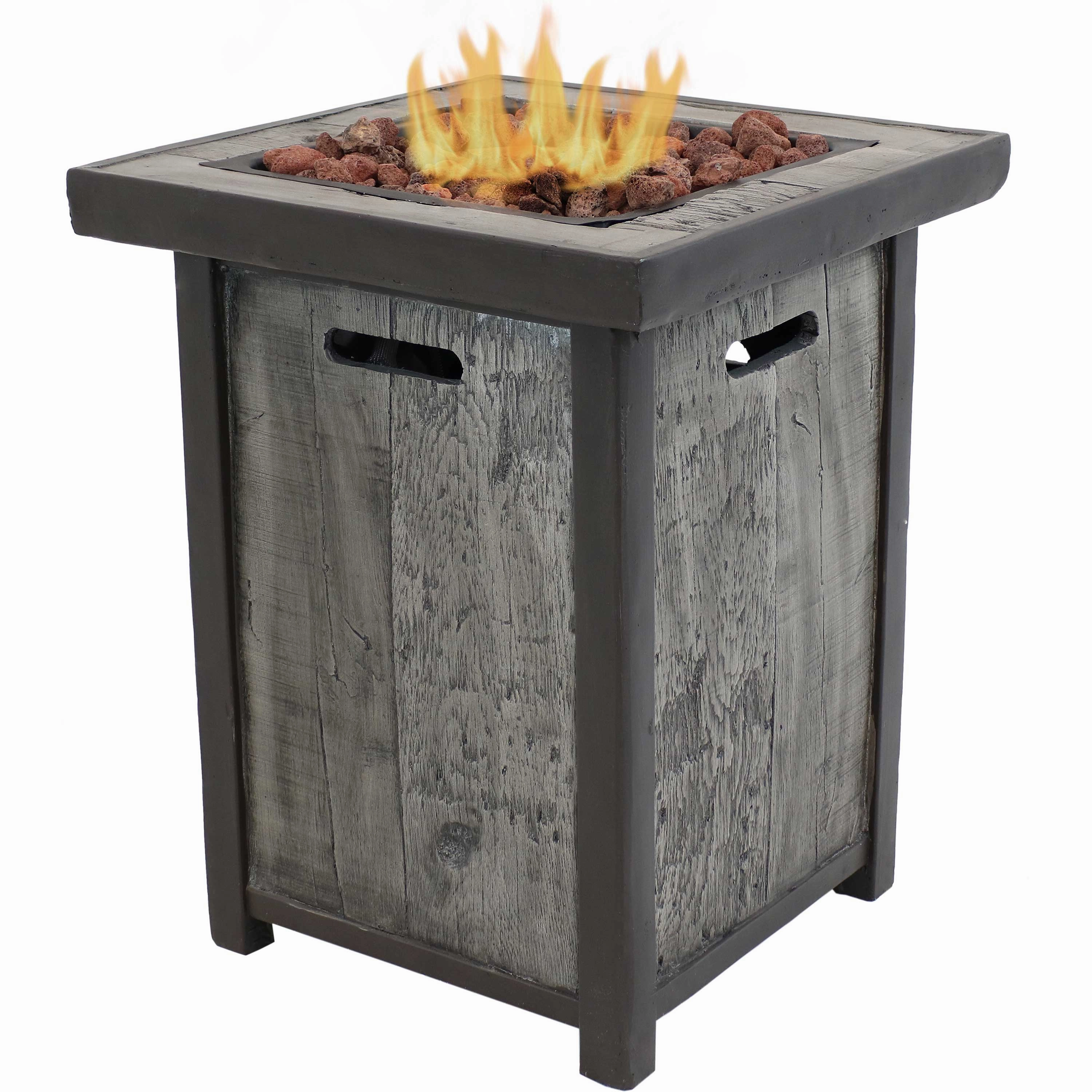 Sunnydaze Outdoor Propane Gas Fire Pit Table with Weathered Wood Look - 25"portable outdoor fire pit with lid