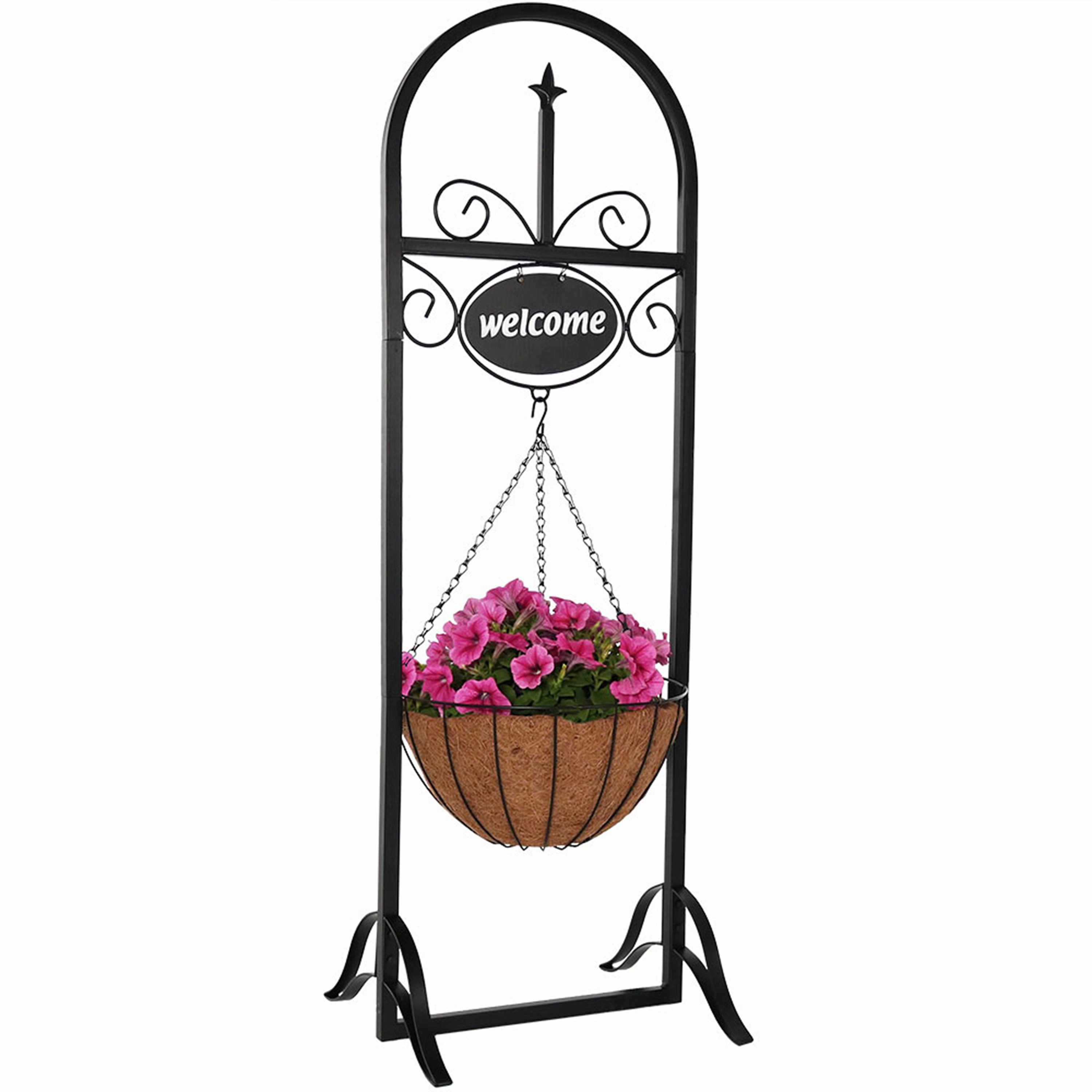 Sunnydaze Outdoor Welcome Sign with Hanging Basket Planter Stand - 48" decorative outdoor planter box designs