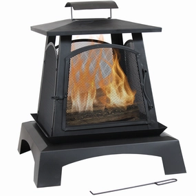 Sunnydaze Pagoda Style Steel with Black Finish Outdoor Fireplace - 32"portable outdoor fire pit with lid