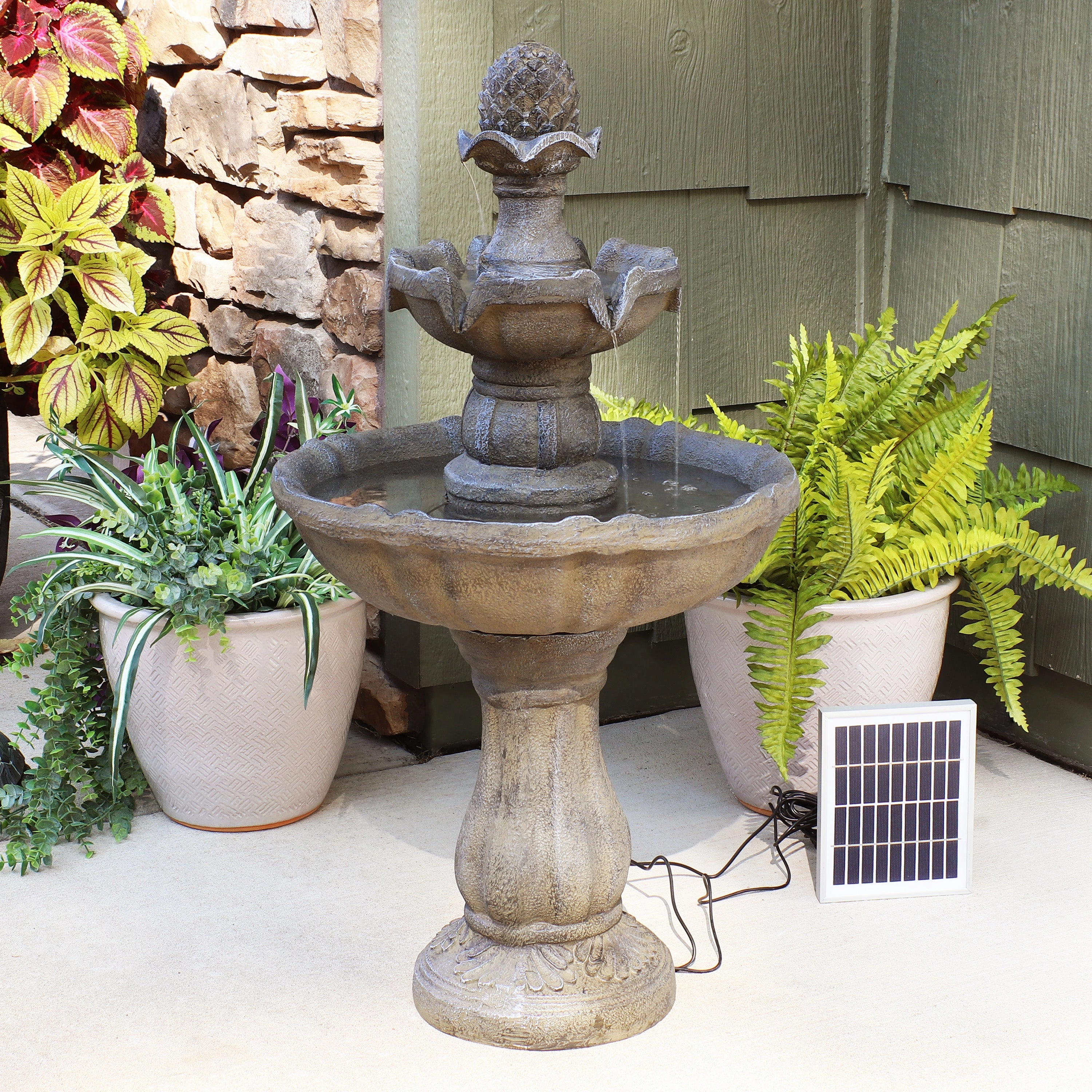 Sunnydaze Pineapple 2-Tier Solar Powered Fountain  with Battery Backup Fountain - 33"