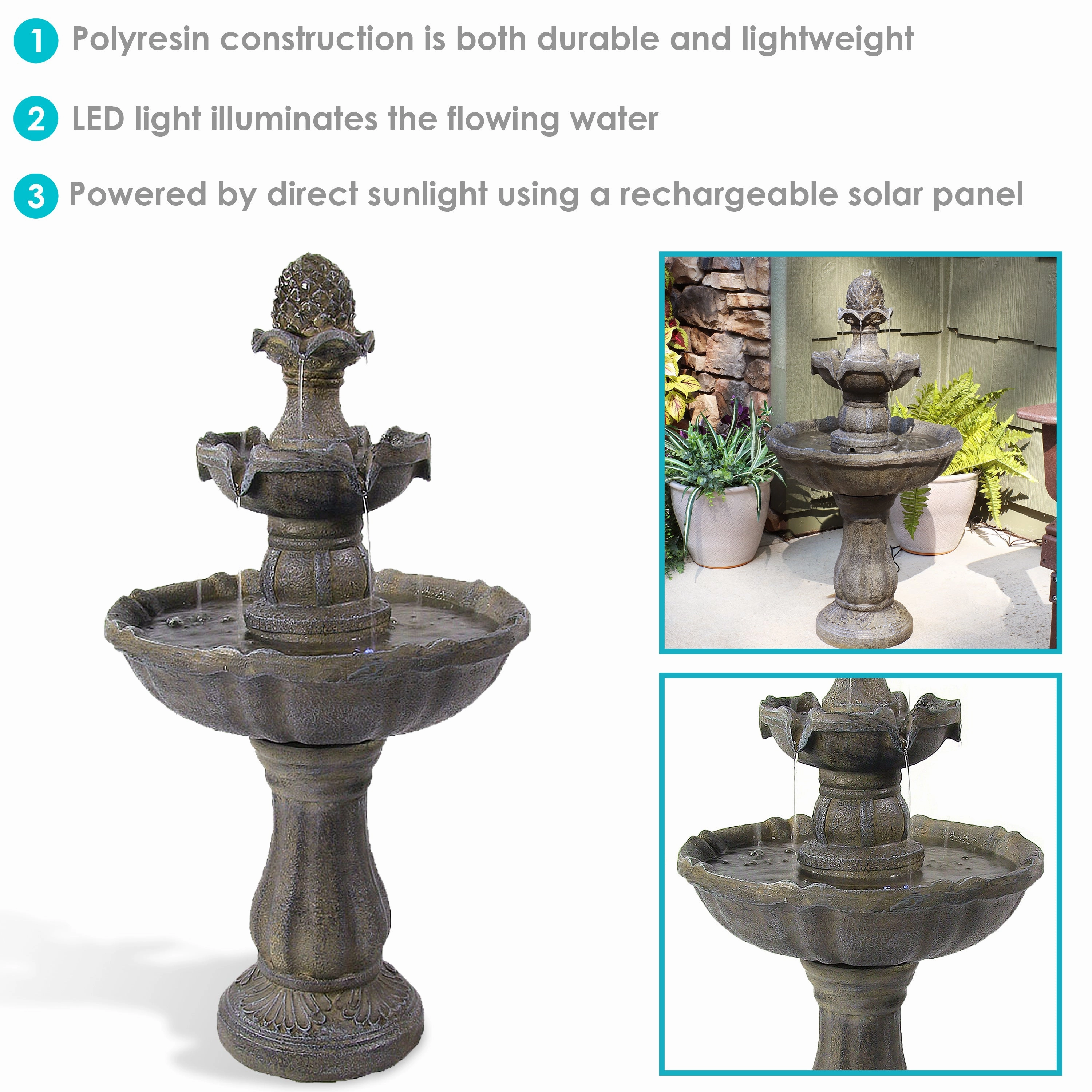 Sunnydaze Pineapple 2-Tier Solar Powered Fountain  with Battery Backup Fountain - 33"