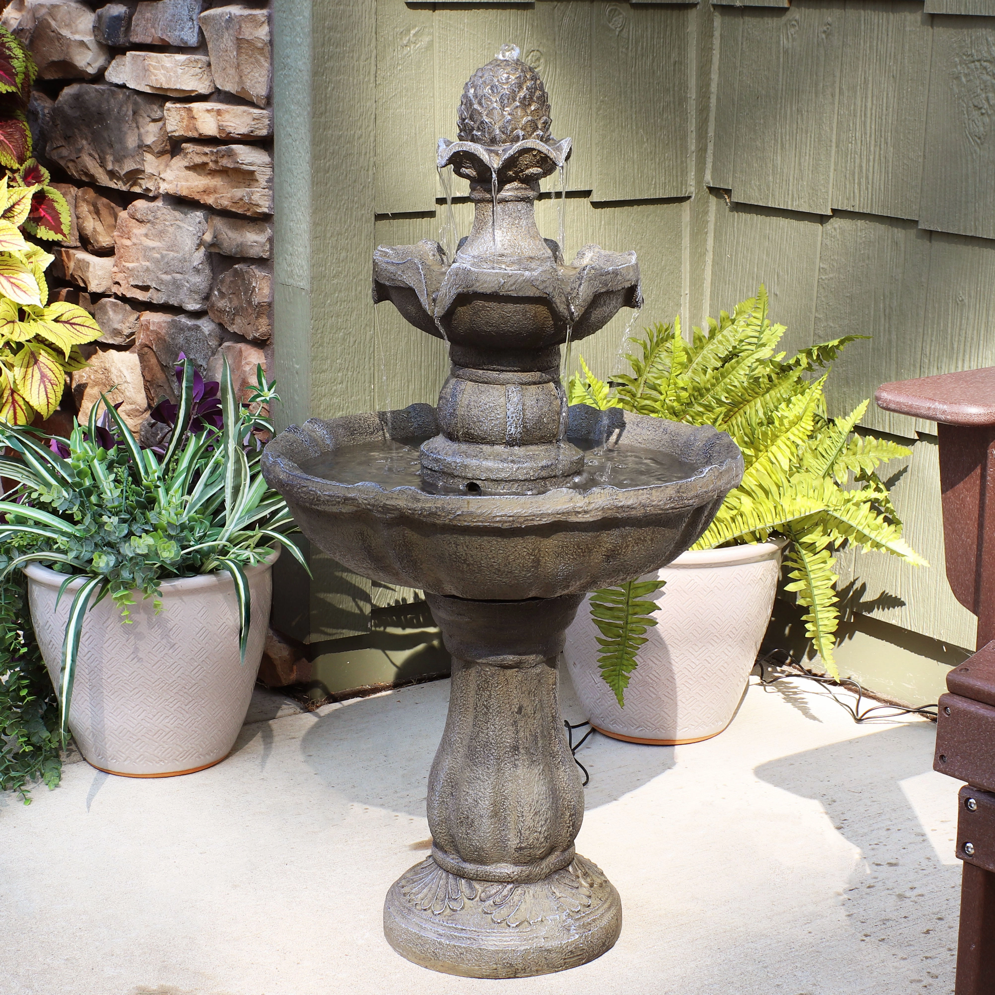 Sunnydaze Pineapple 2-Tier Solar Powered Fountain  with Battery Backup Fountain - 33"