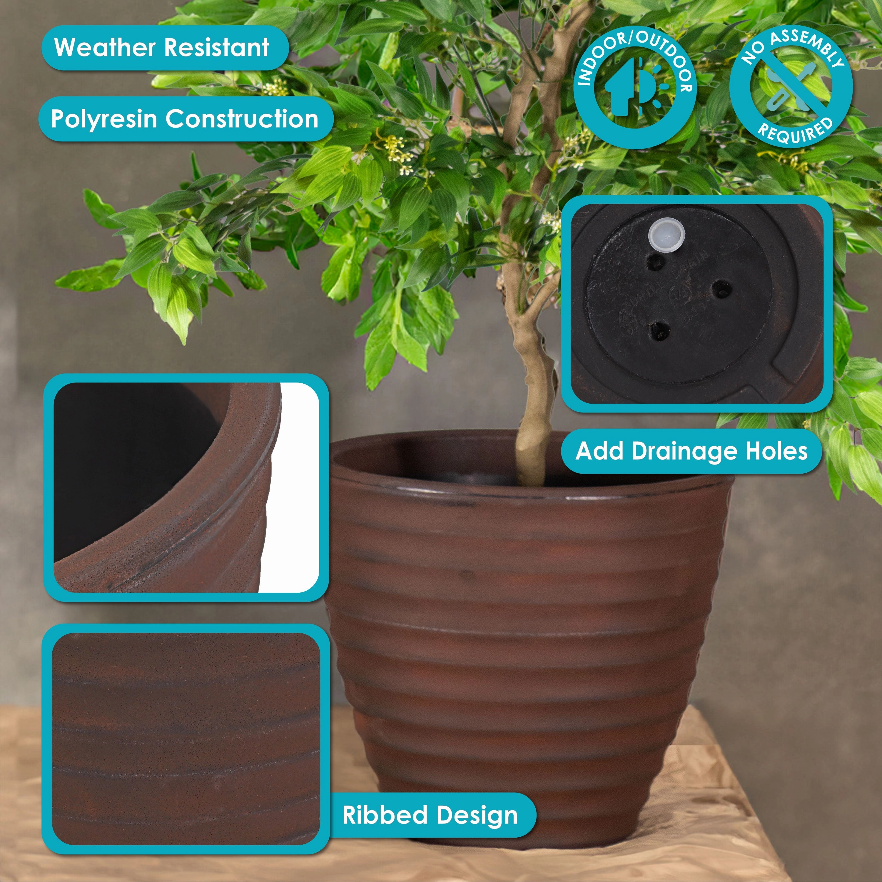 Sunnydaze Polyresin Ribbed Outdoor Plant Pot - Rust