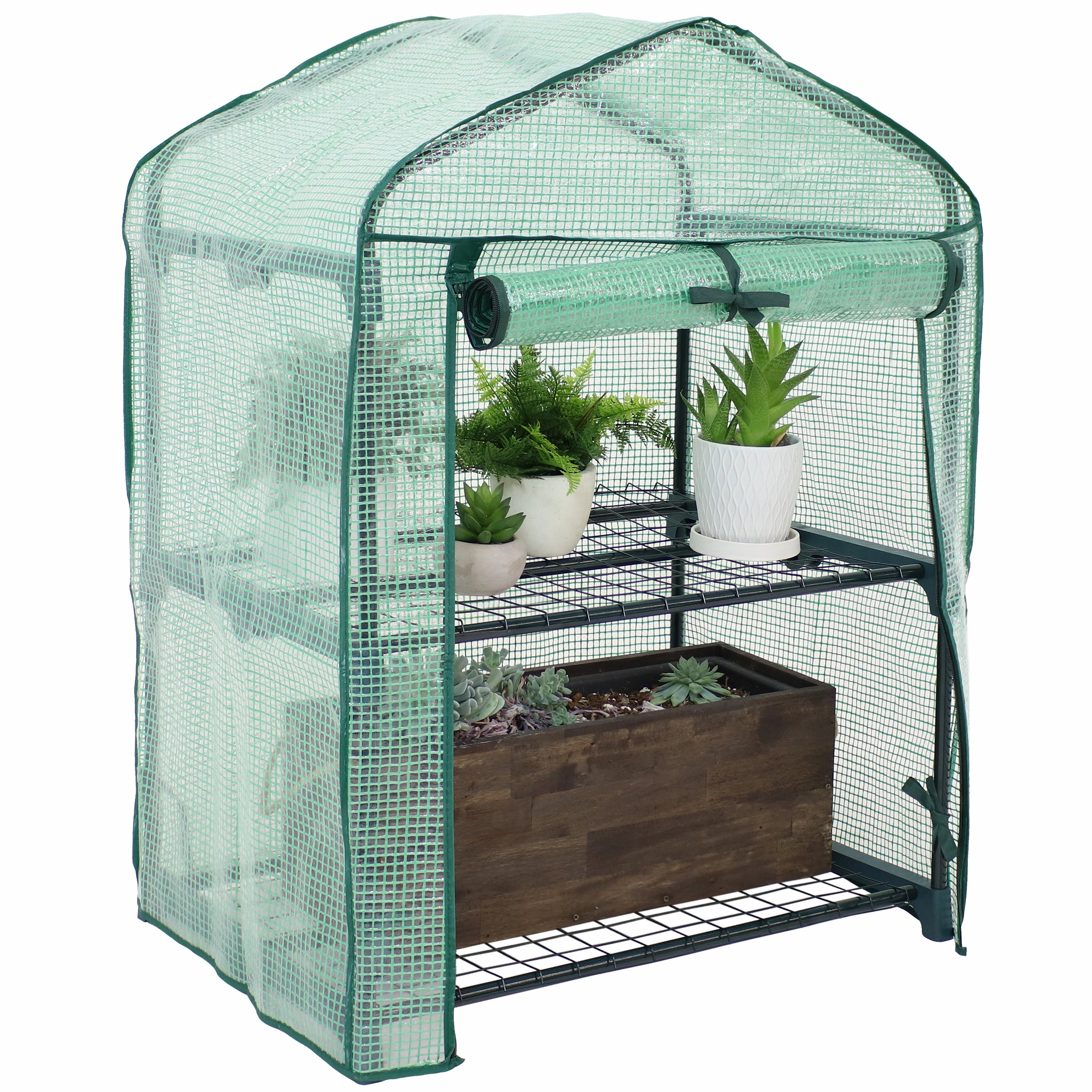 Sunnydaze Portable 2-Tier Mini Greenhouse for Outdoors - Green decorative outdoor planter box designs
