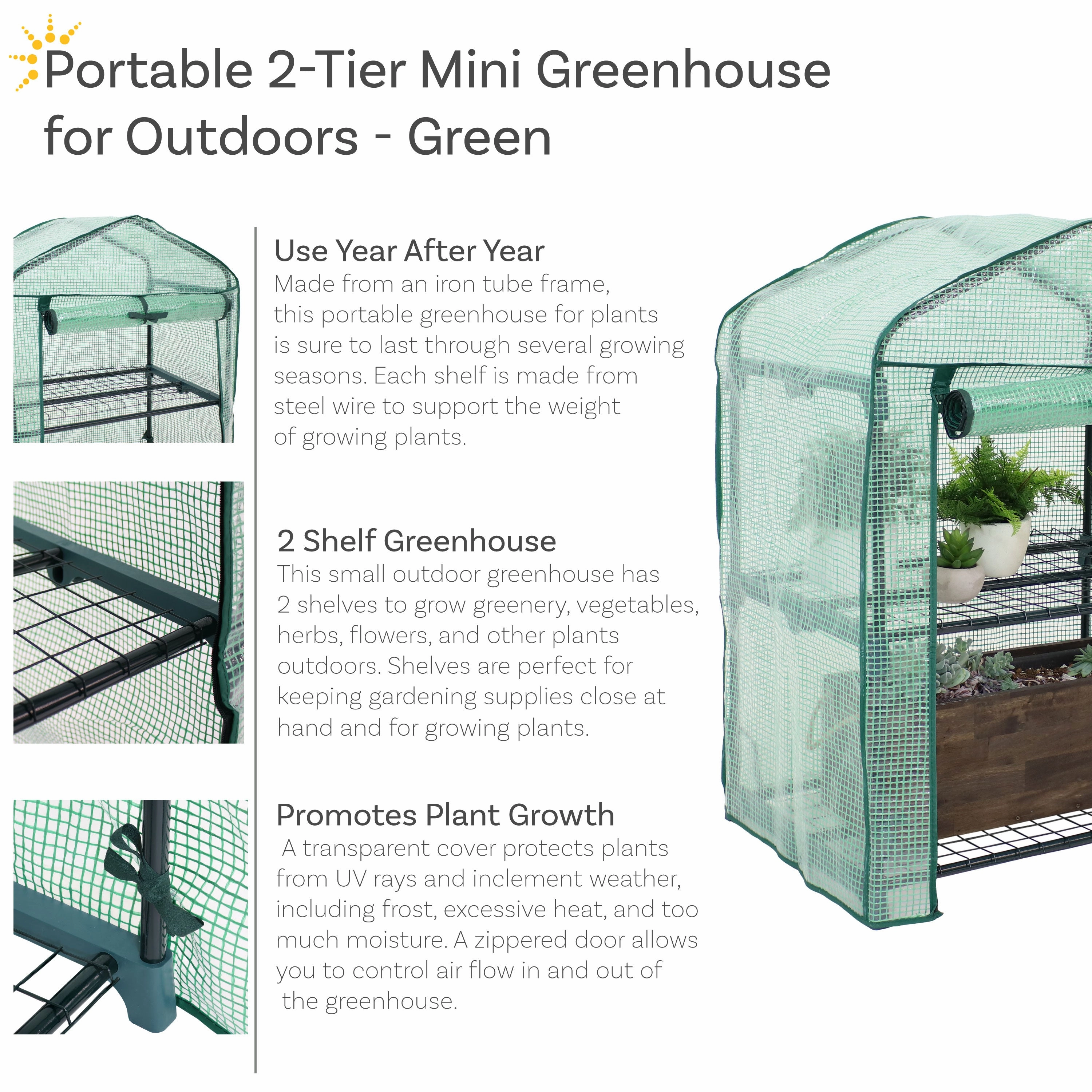 Sunnydaze Portable 2-Tier Mini Greenhouse for Outdoors - Green