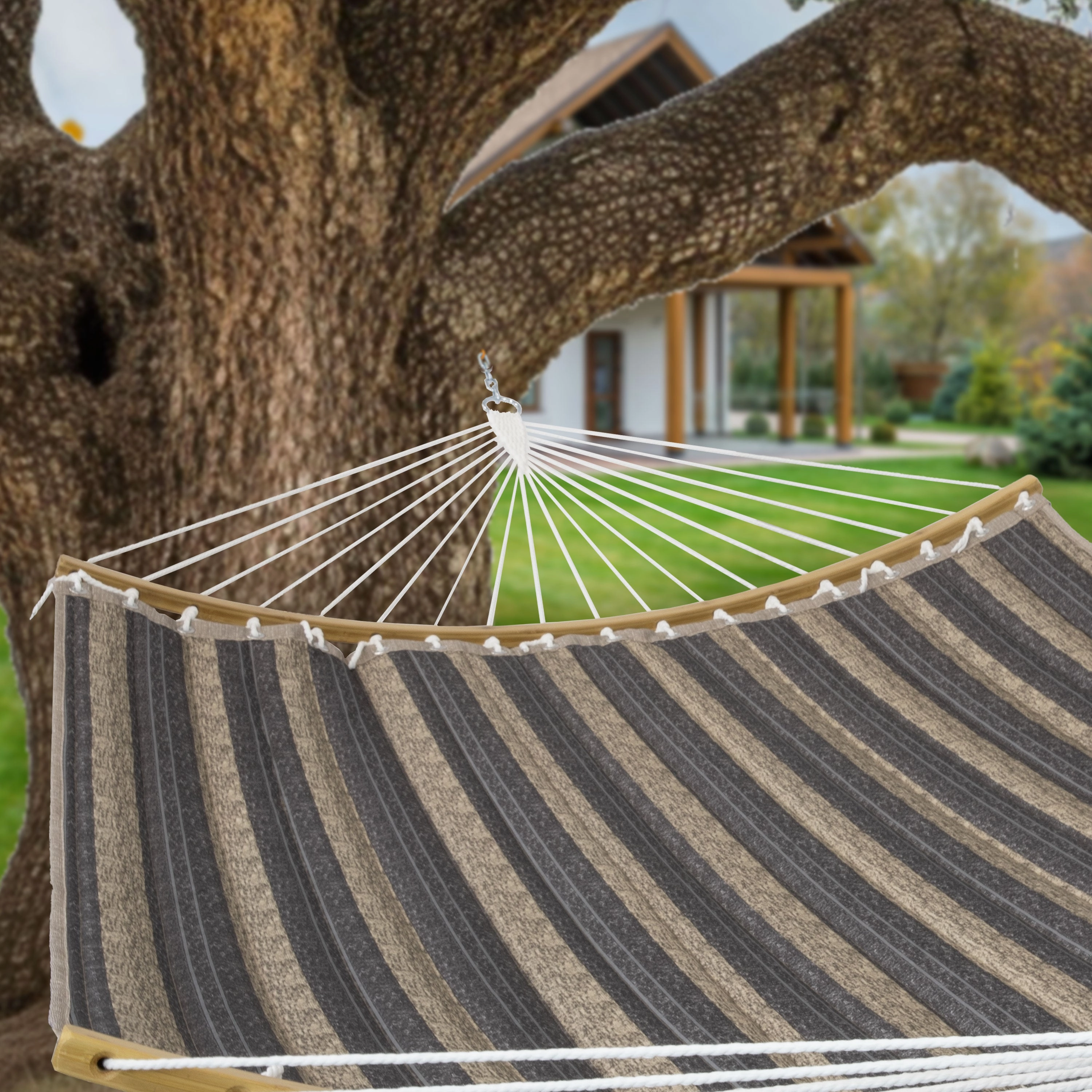 Sunnydaze Quilted Hammock with Curved Bamboo Spreader Bar and Pillow