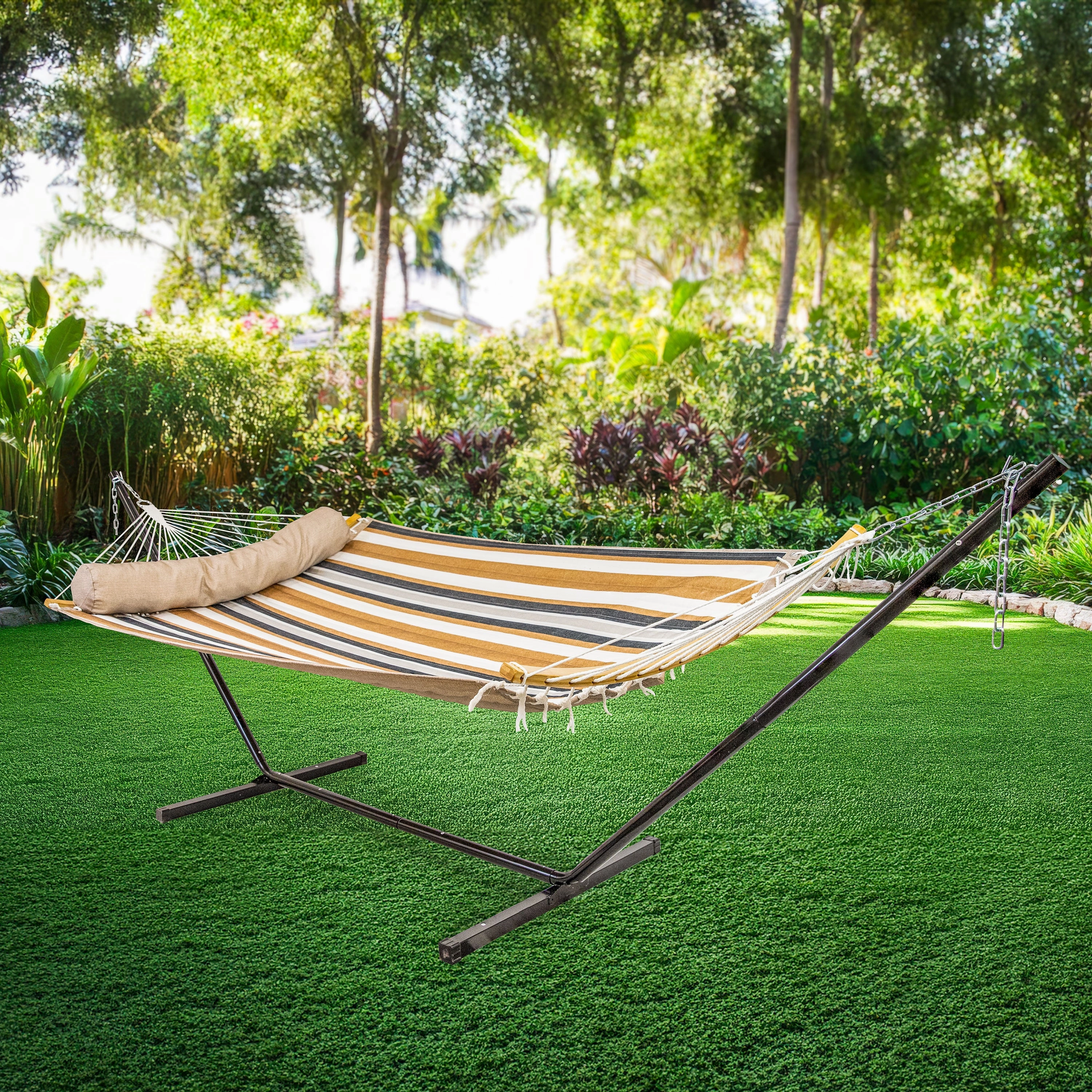 Sunnydaze Quilted Hammock with Curved Bamboo Spreader Bar and Pillow