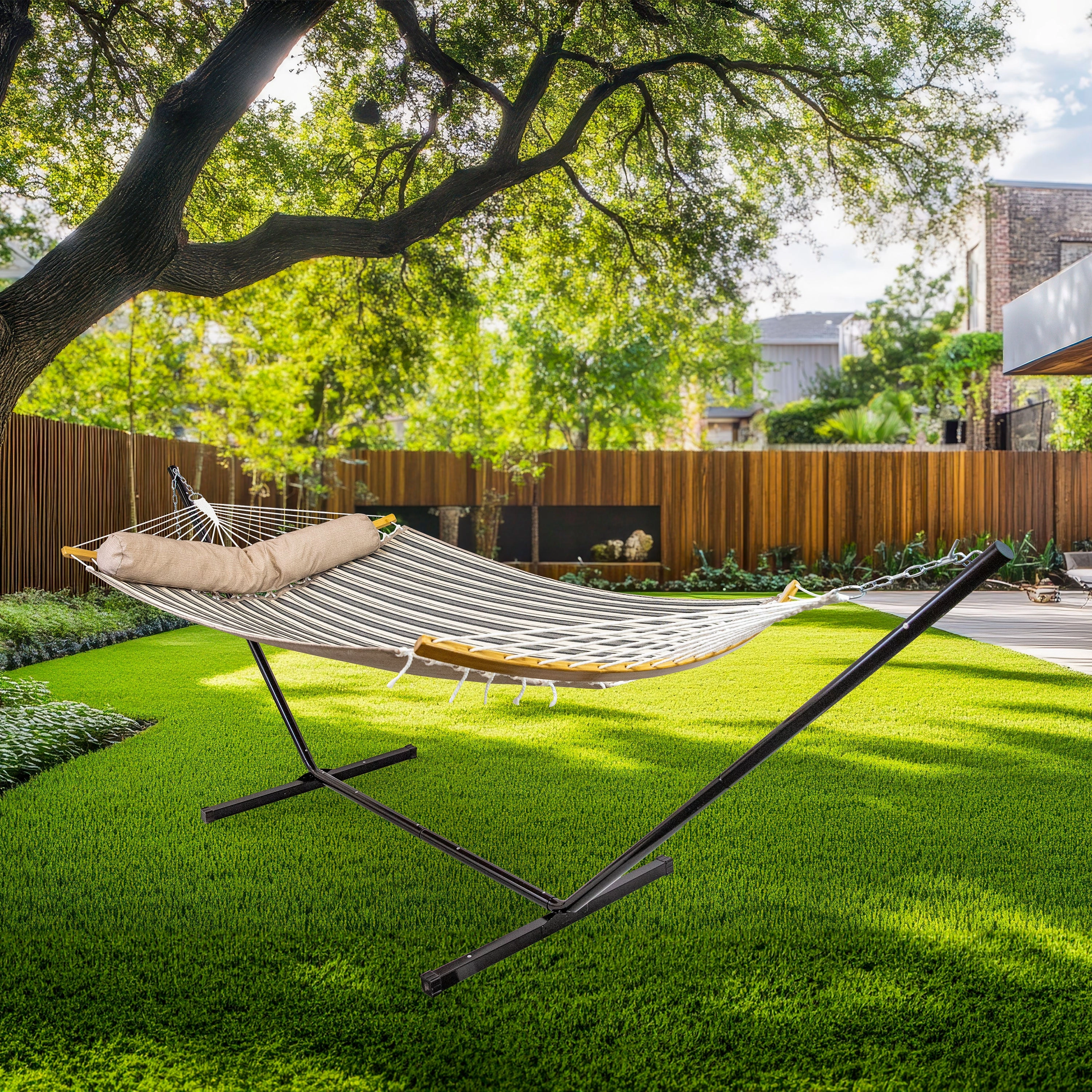 Sunnydaze Quilted Hammock with Curved Bamboo Spreader Bar and Pillow