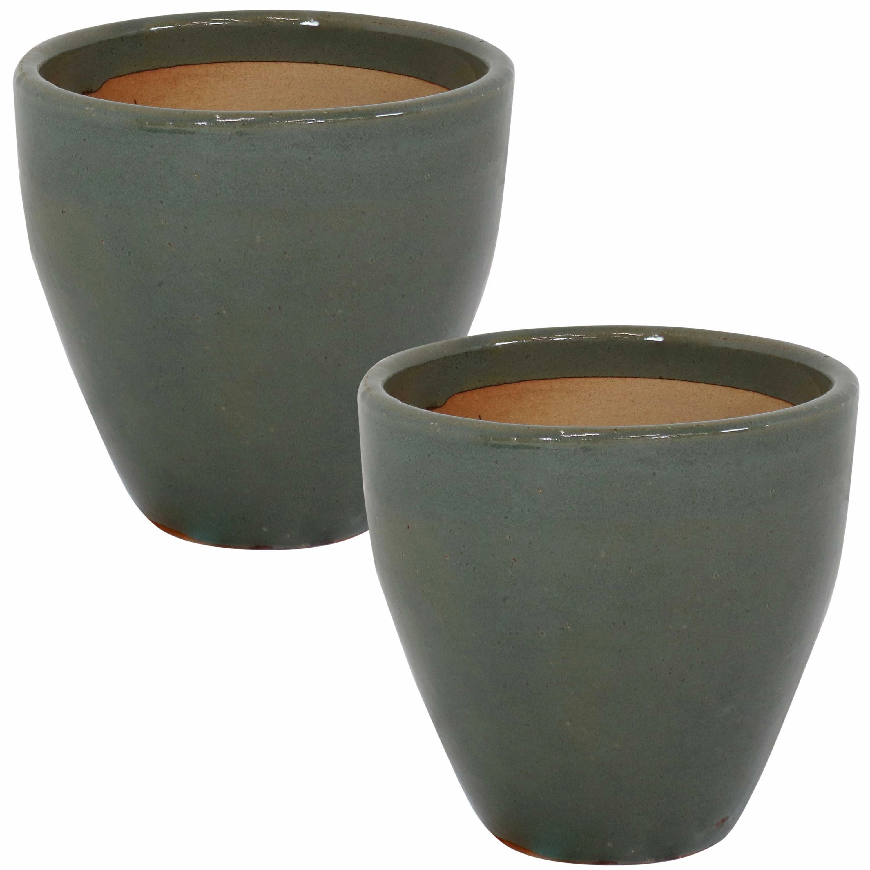 Sunnydaze Resort Glazed Ceramic Planter with Drainage Holes - Set of 2