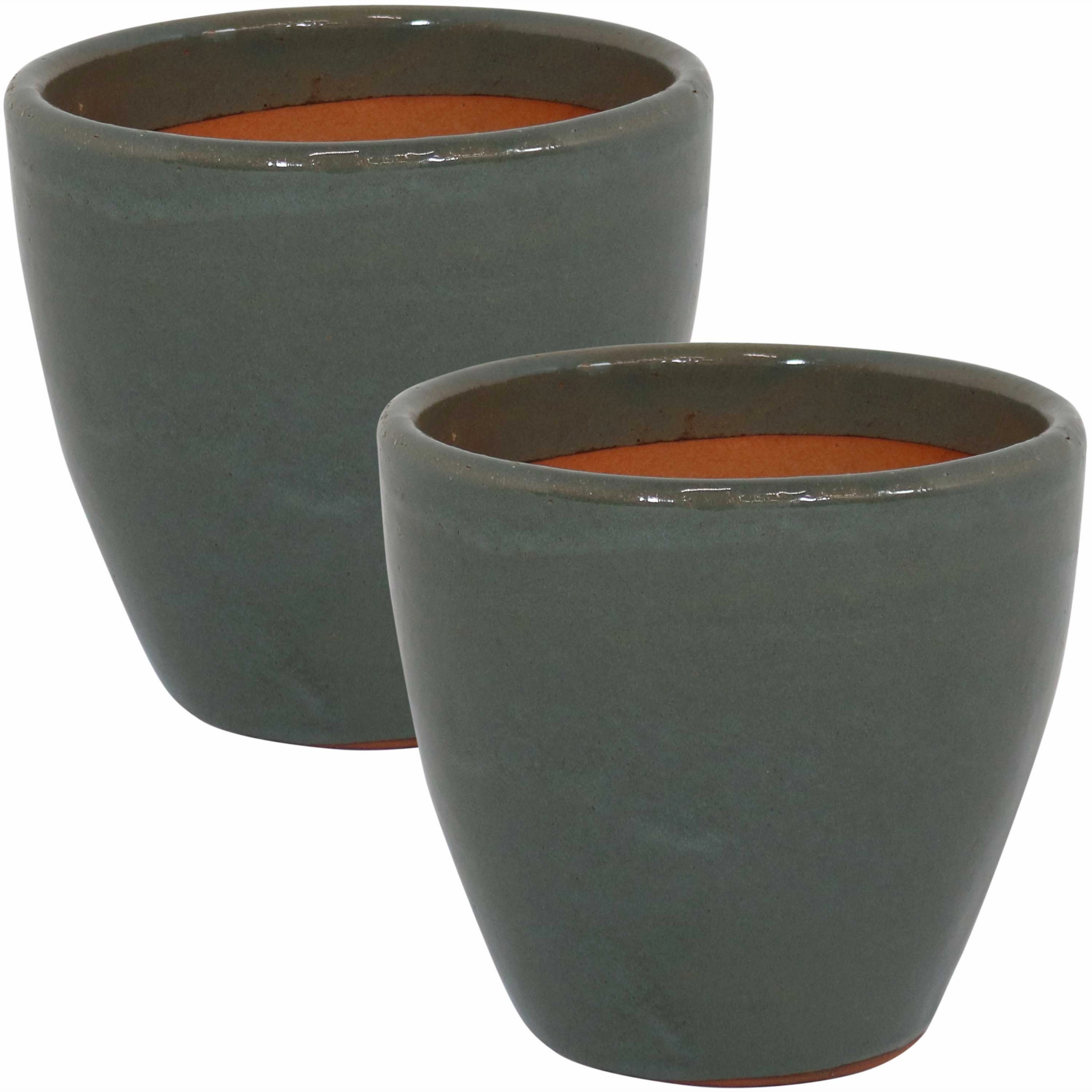 Sunnydaze Resort Glazed Ceramic Planter with Drainage Holes - Set of 2
