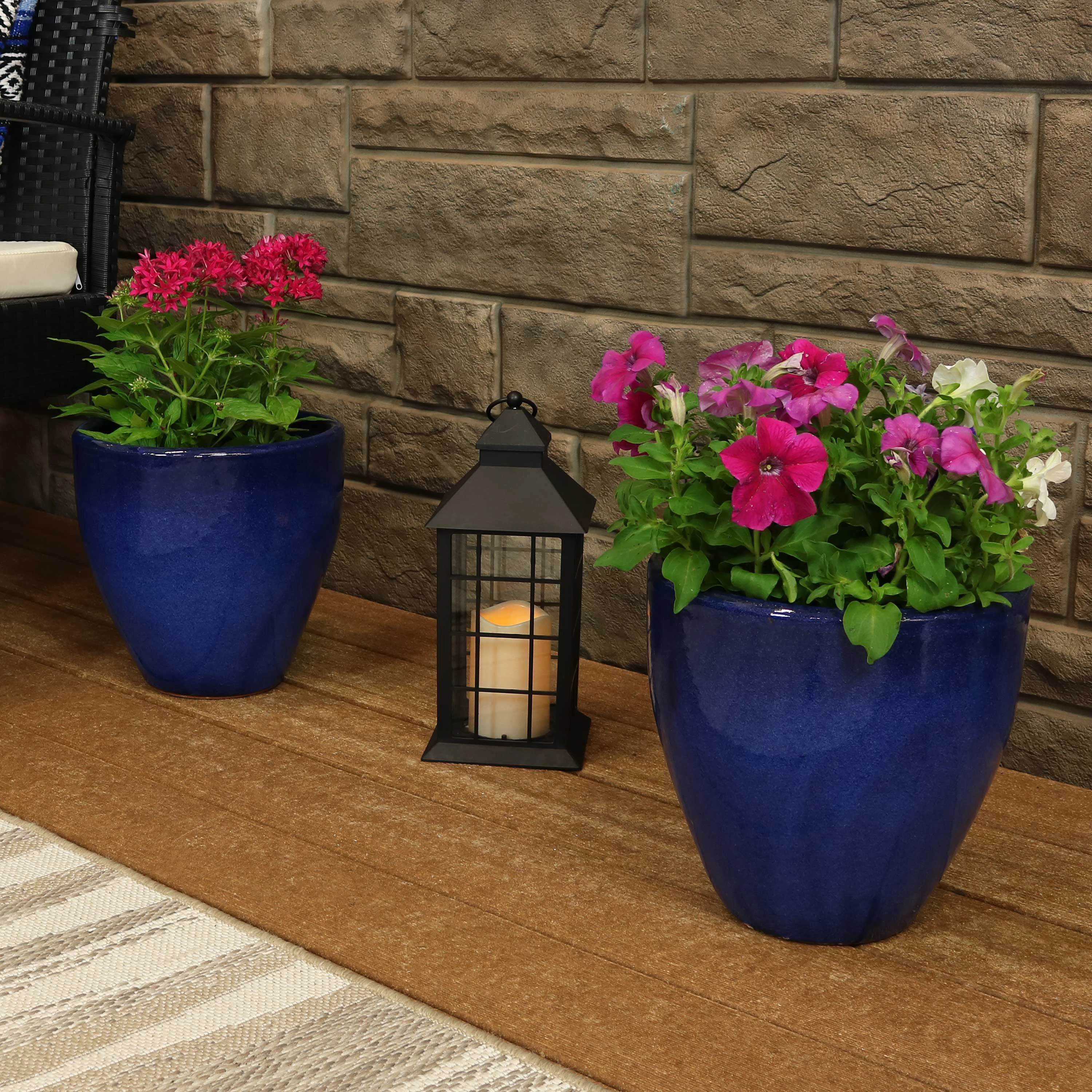 Sunnydaze Resort Glazed Ceramic Planter with Drainage Holes - Set of 2