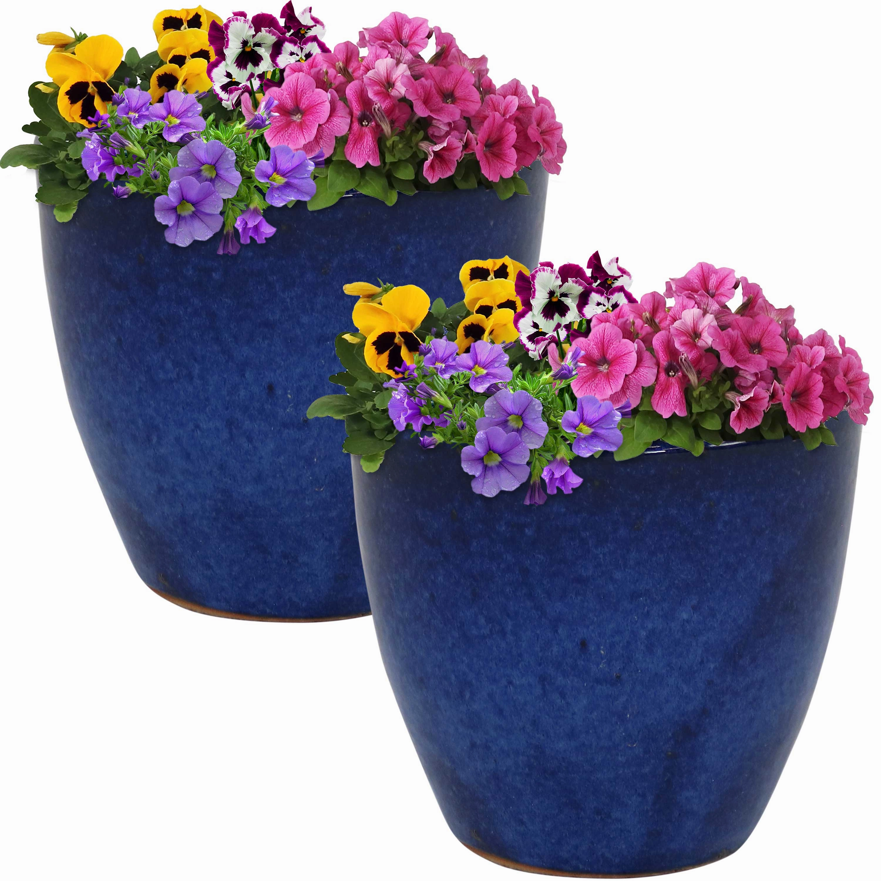 Sunnydaze Resort Glazed Ceramic Planter with Drainage Holes - Set of 2