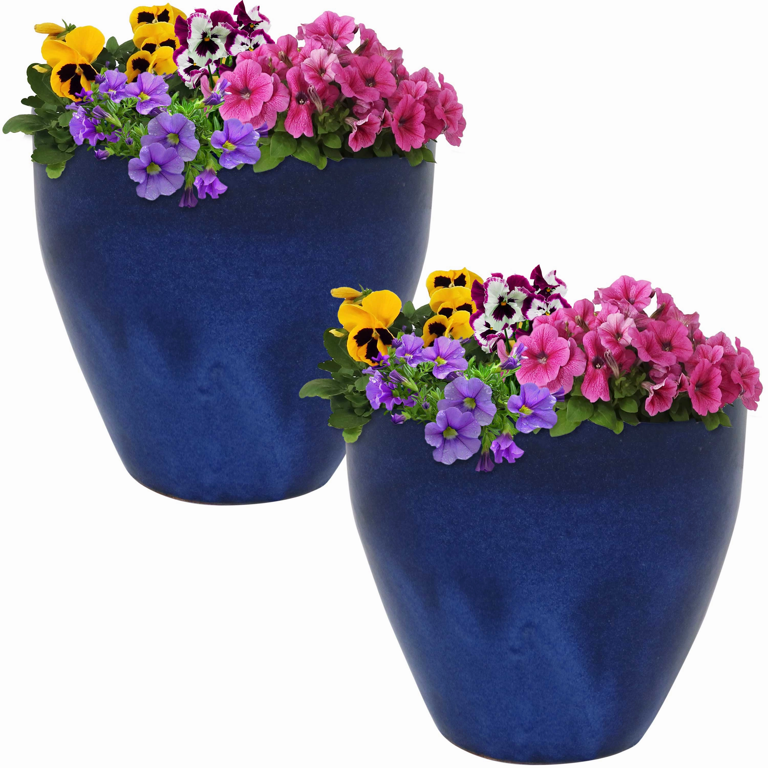 Sunnydaze Resort Glazed Ceramic Planter with Drainage Holes - Set of 2