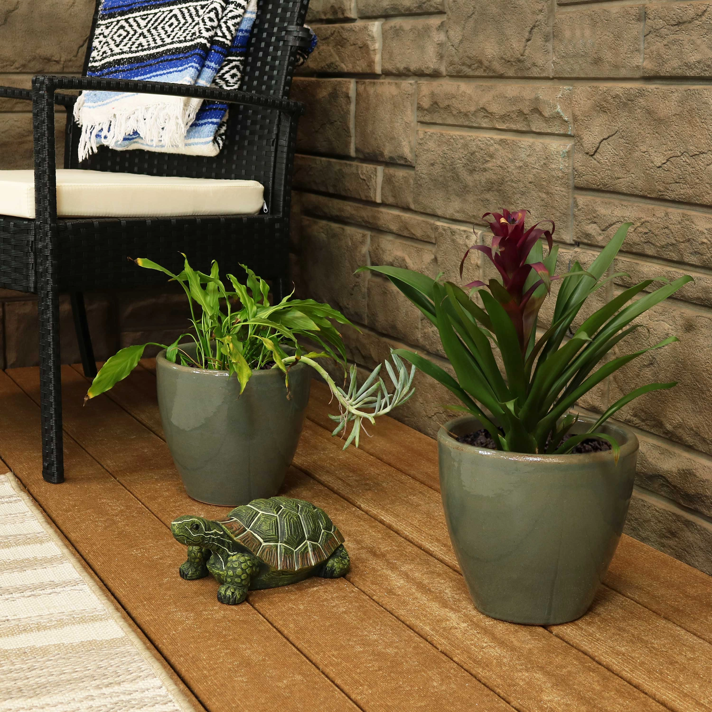 Sunnydaze Resort Glazed Ceramic Planter with Drainage Holes - Set of 2