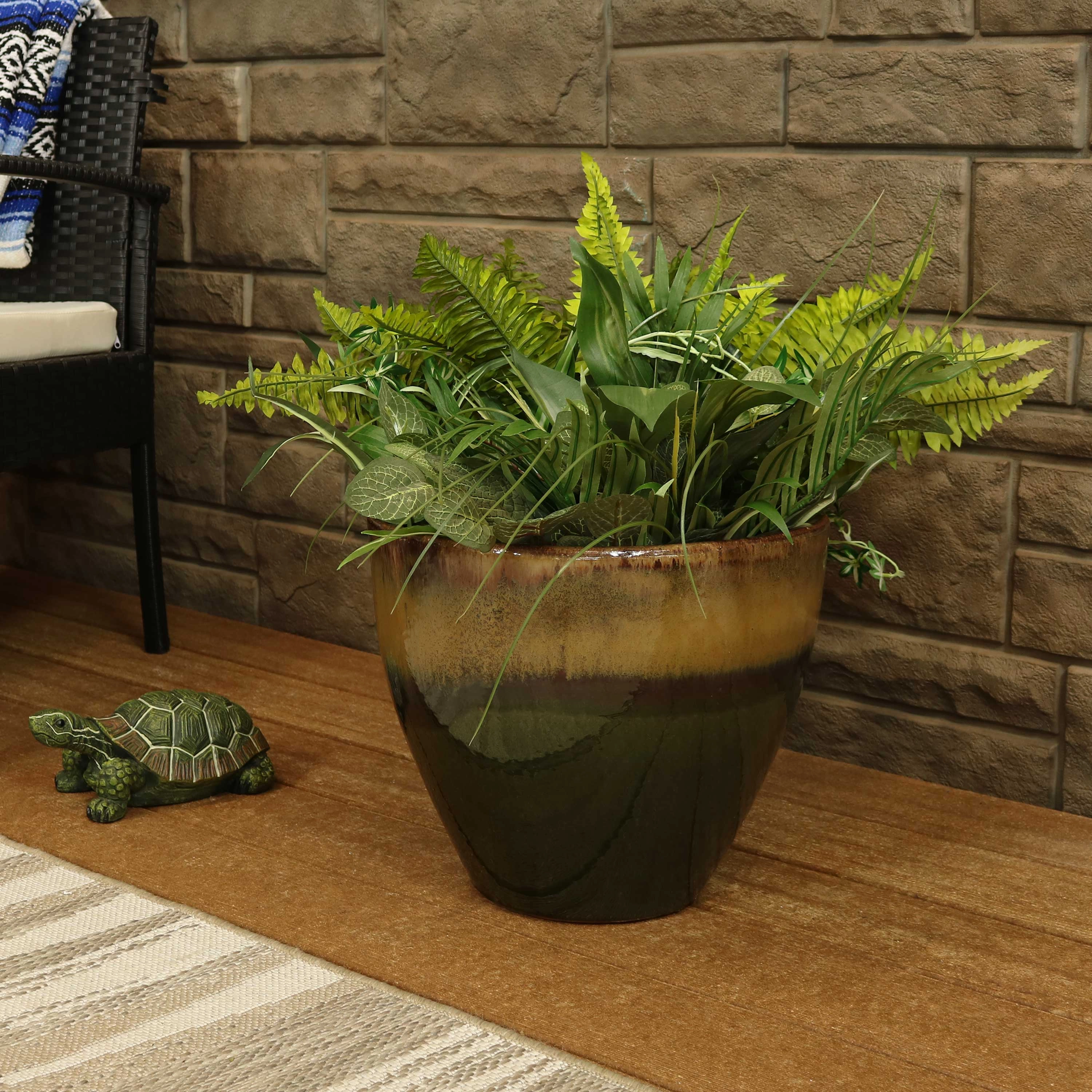 Sunnydaze Resort Round Glazed Ceramic Planter with Drainage