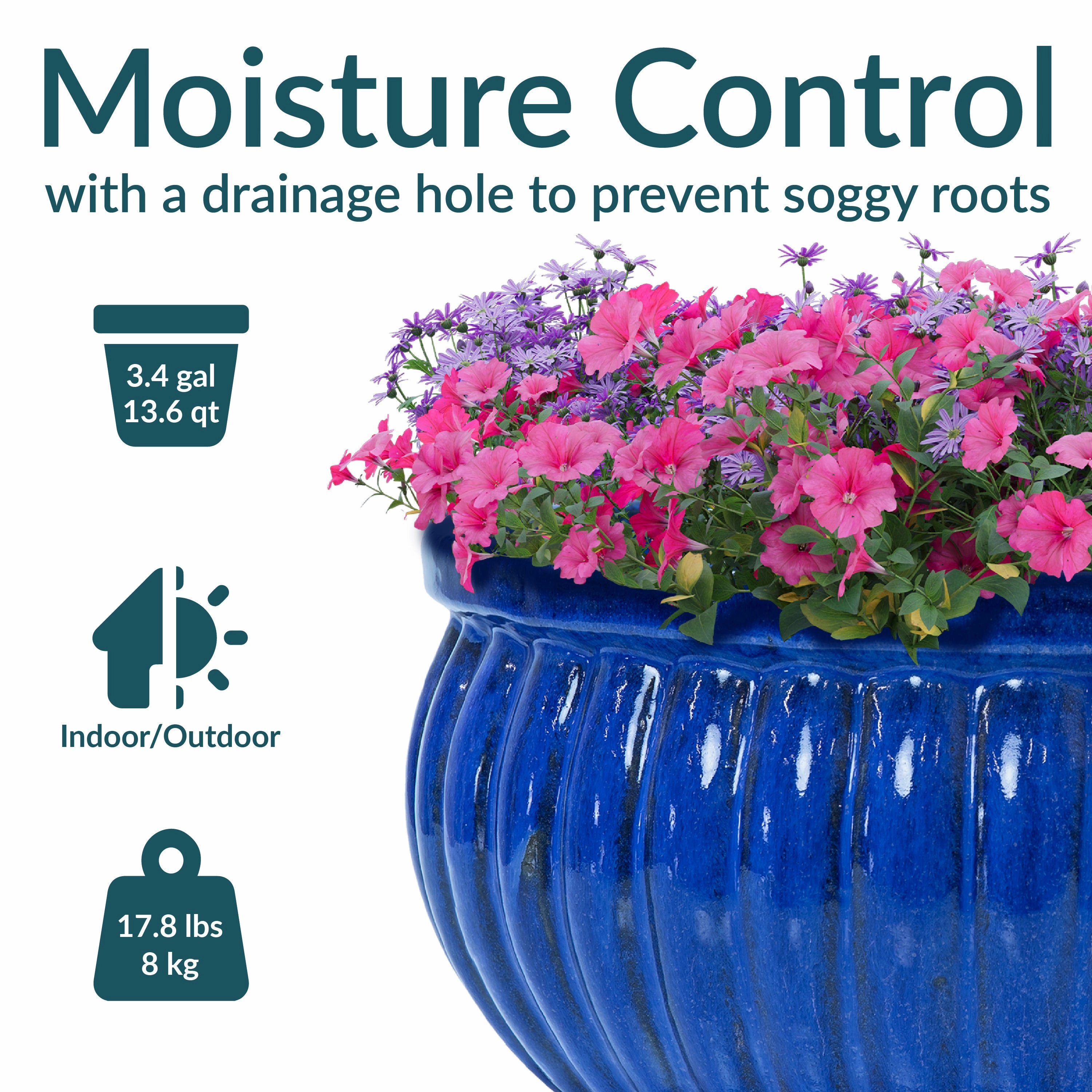 Sunnydaze Ribbed Glazed Ceramic Planter Bowl - Imperial Blue