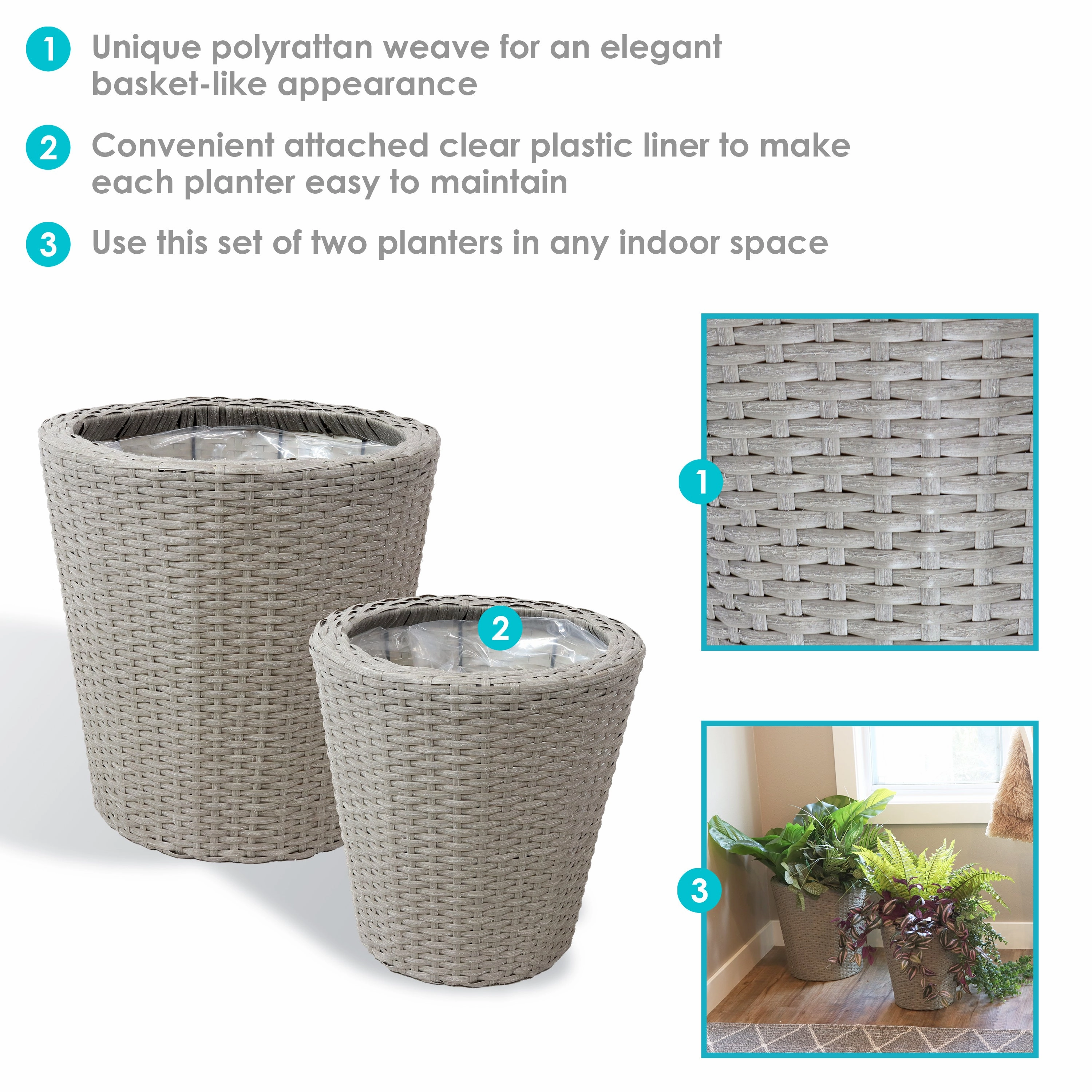 Sunnydaze Round Polyrattan Indoor Planters - 1 Large/1 Small Planter