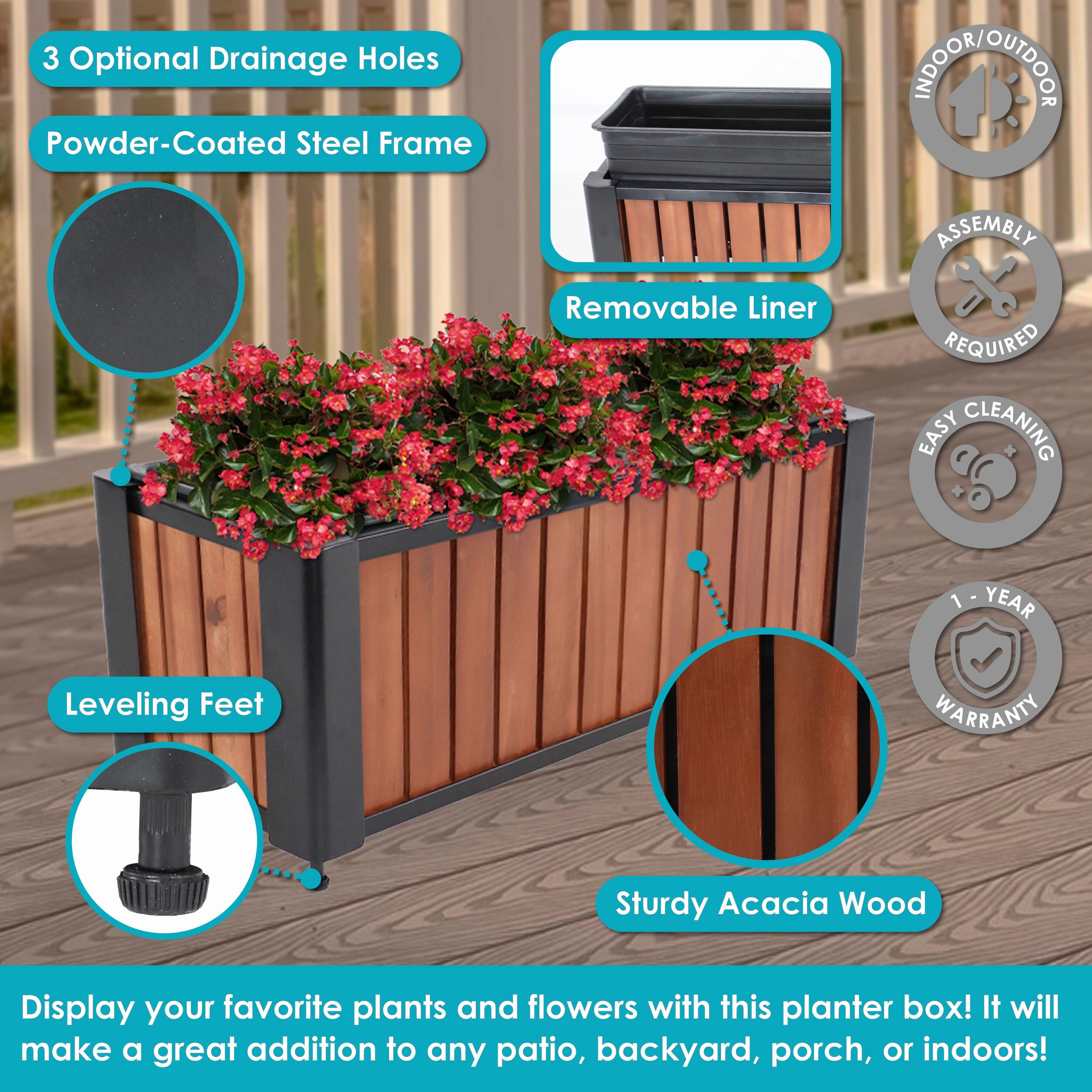Sunnydaze Slatted Wood Planter Box with Removable Insert - 14.75 H