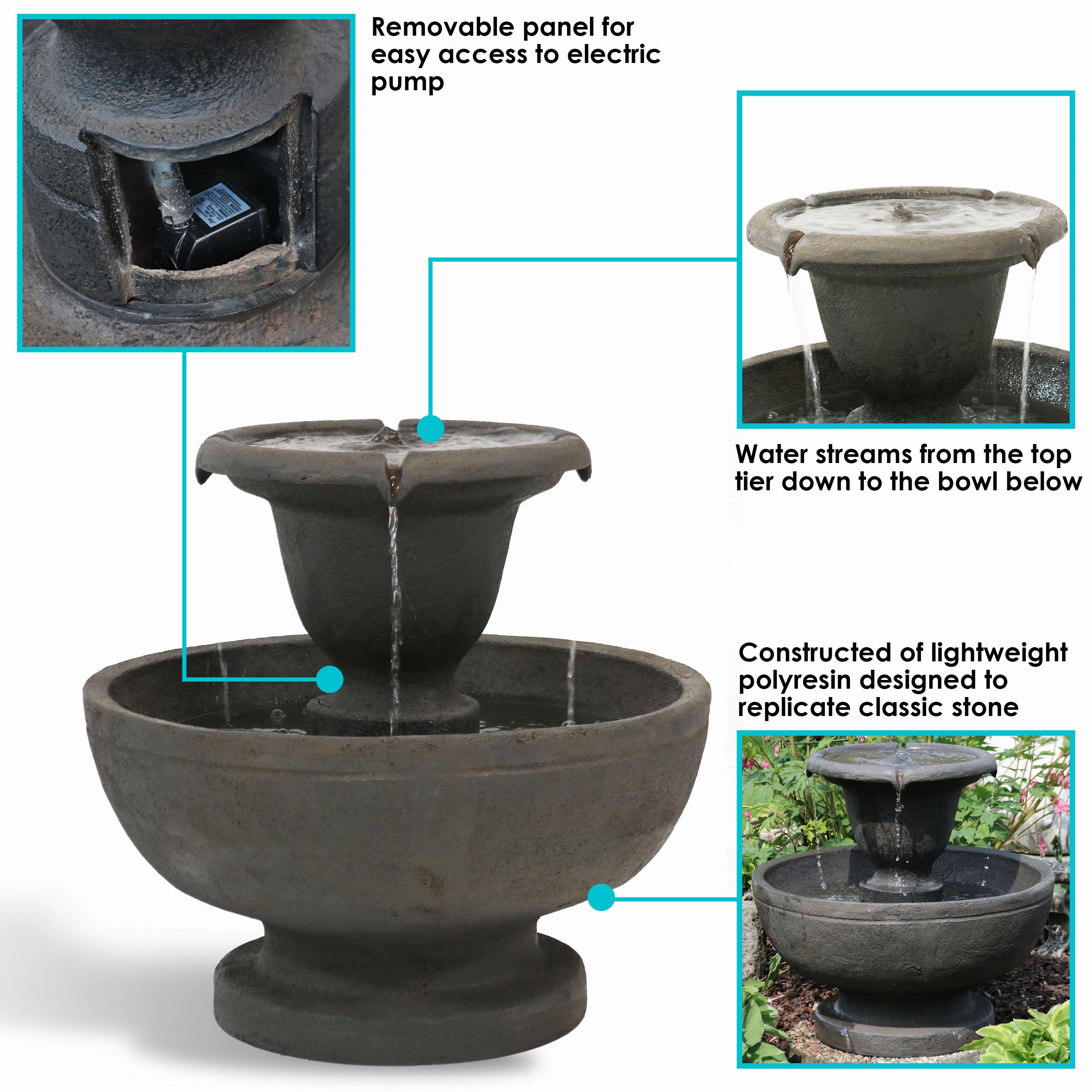 Sunnydaze Streaming Falls 2-Tier Outdoor Water Fountain - 25-Inch - Brown