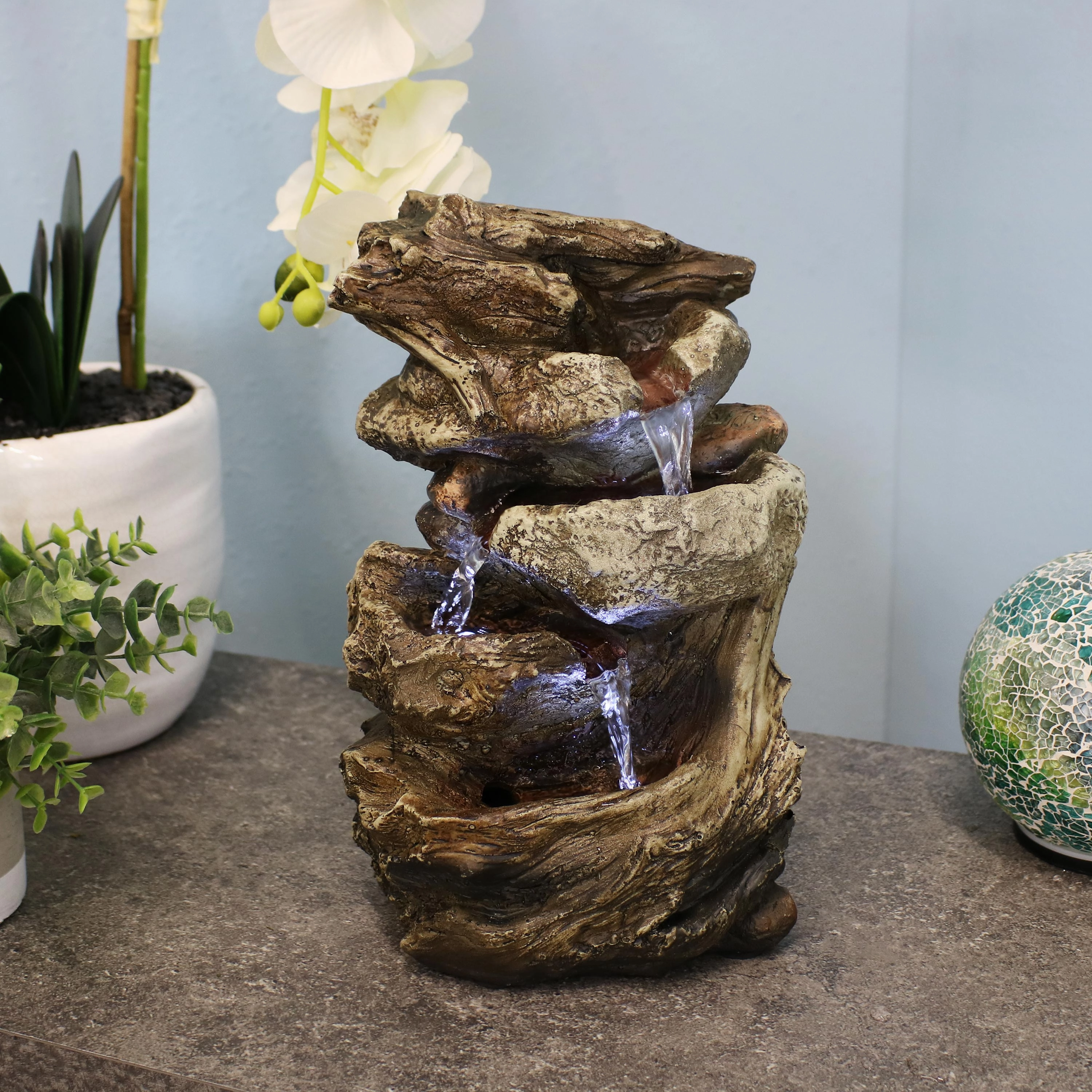 Sunnydaze Tiered Rock & Log Indoor Waterfall Fountain with LED Lights - 10"outdoor garden water fountain