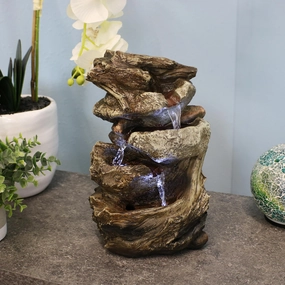 Sunnydaze Tiered Rock & Log Indoor Waterfall Fountain with LED Lights - 10"outdoor garden water fountain