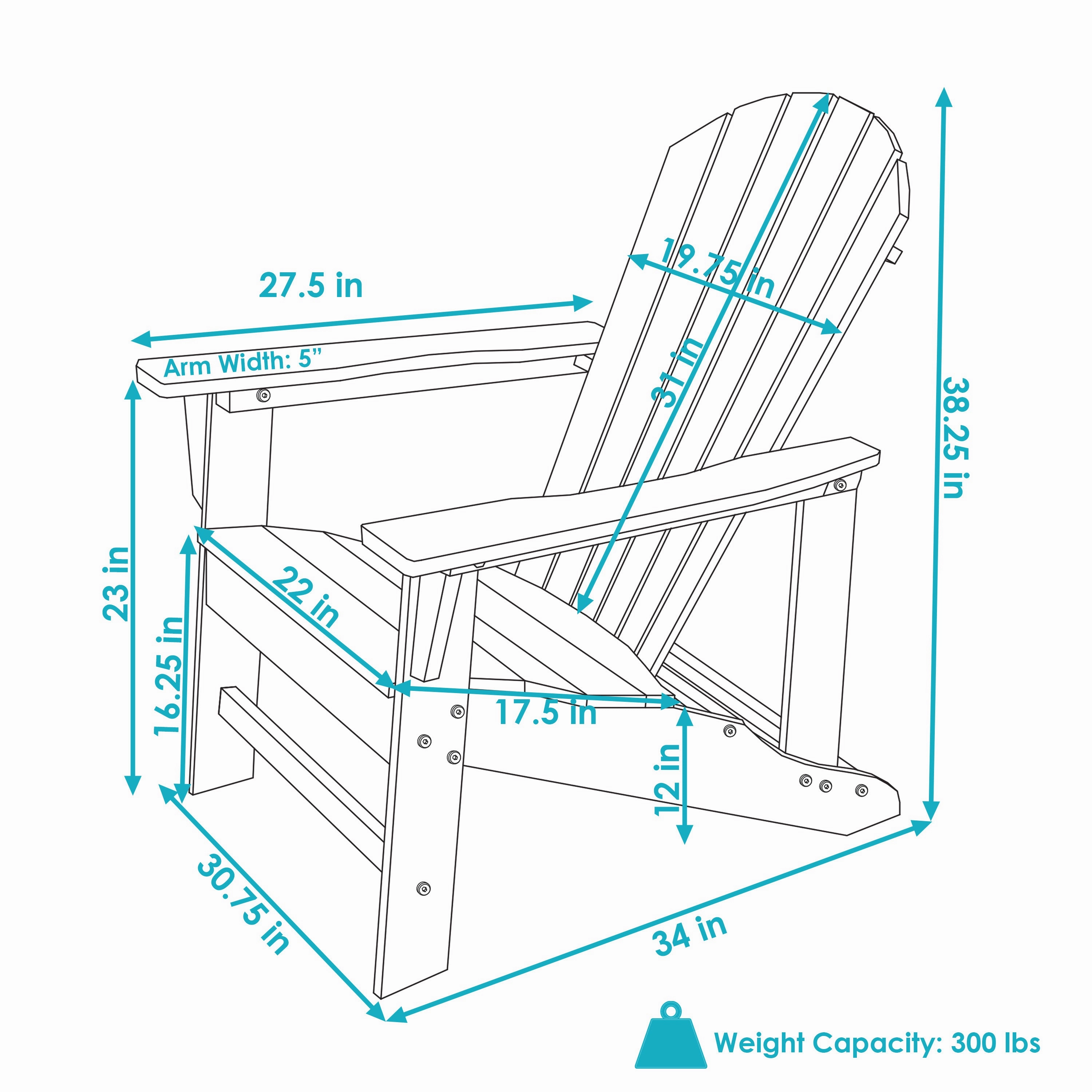 Sunnydaze Upright, All-Weather Adirondack Chair - 300-Pound Capacity - 38.25 H