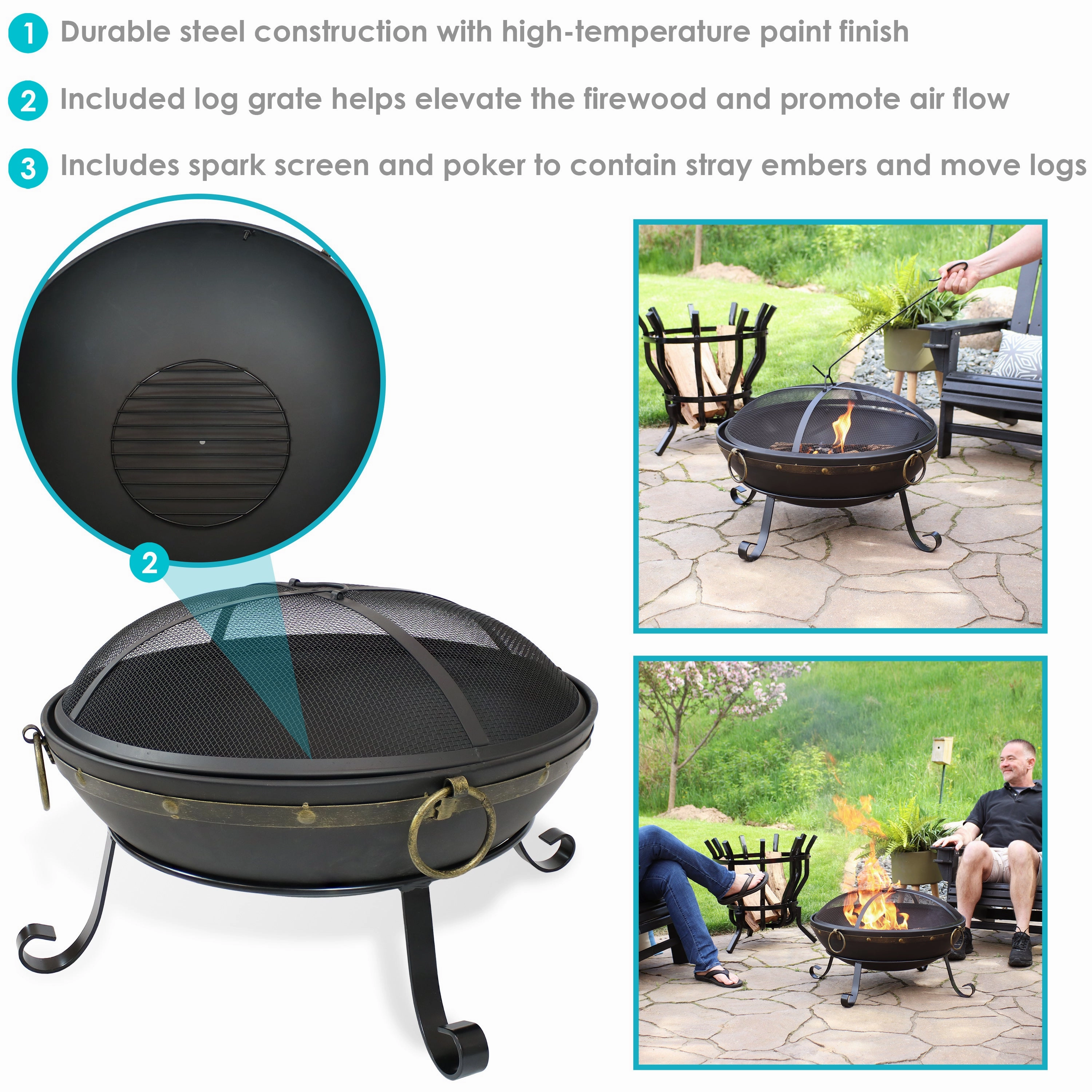 Sunnydaze Victorian Steel Fire Bowl and Spark Screen - 25"