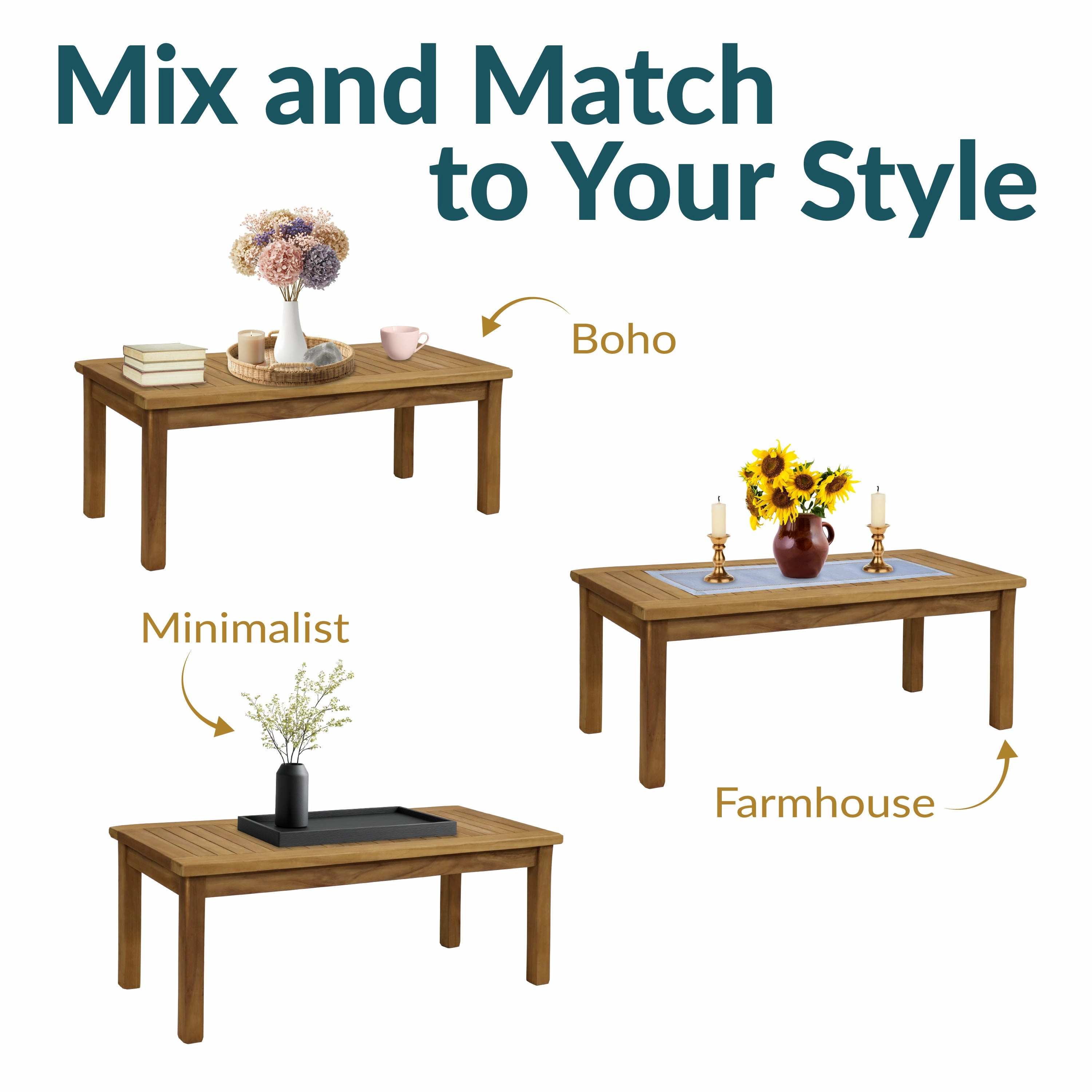 Sunnydaze Wooden Teak Outdoor Coffee Table - Stain Finish - 45"