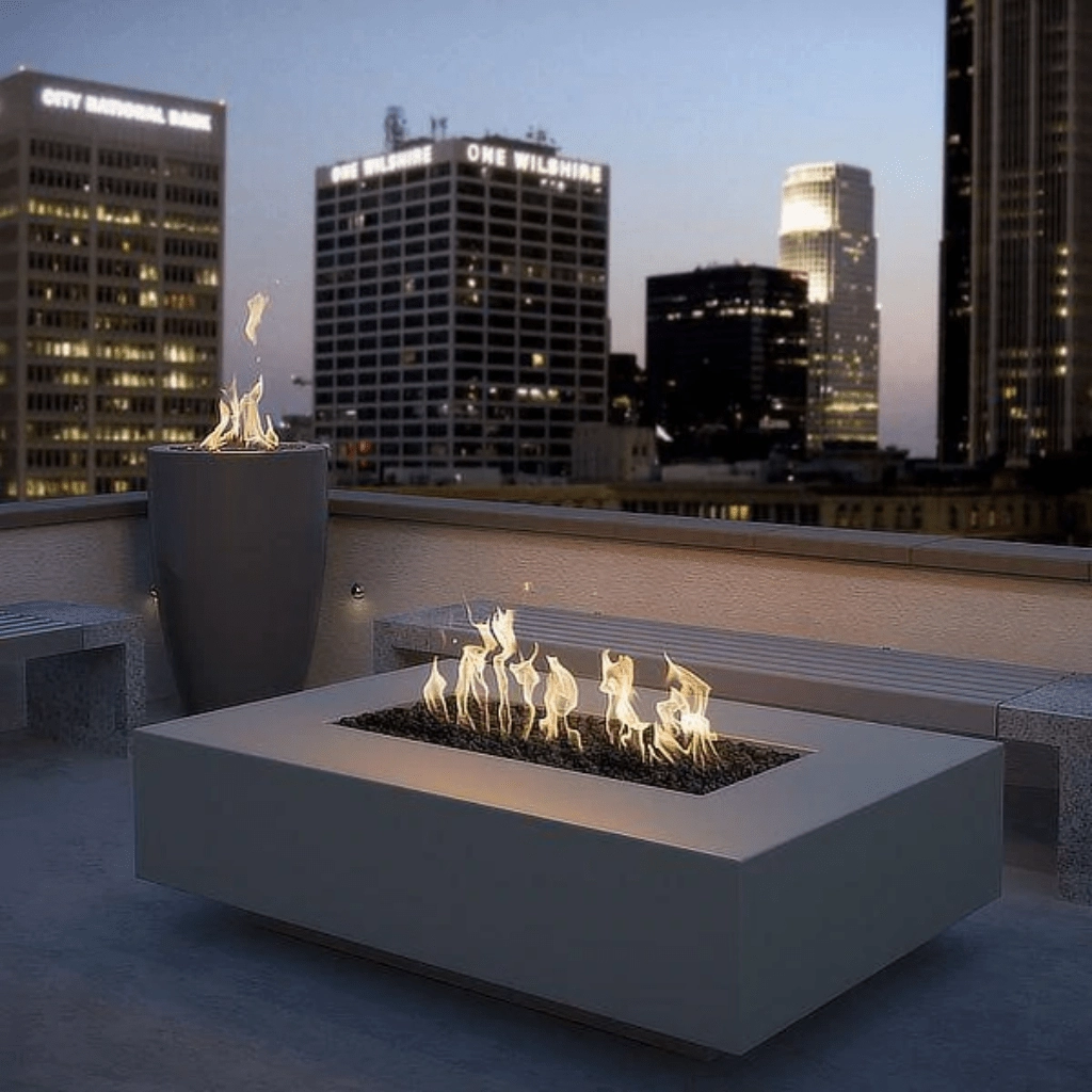 The Outdoor Plus Cabo Linear 56" GFRC Concrete Rectangle Flame Sense with Spark Igniter Fire Pit  OPT-CBLN56FSEN