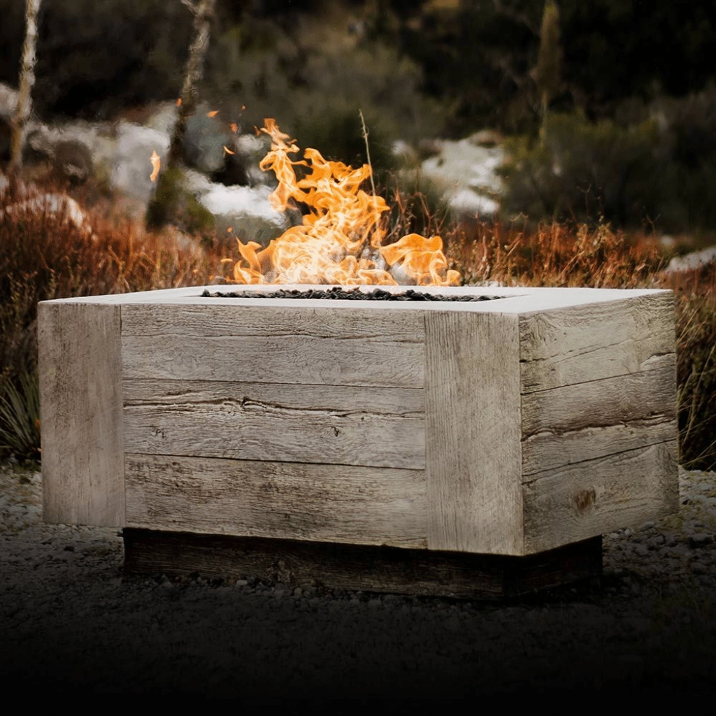 The Outdoor Plus Catalina 108" GFRC Wood Grain Concrete Rectangle Flame Sense with Spark Igniter Gas Fire Pit OPT-CTL108FSEN
