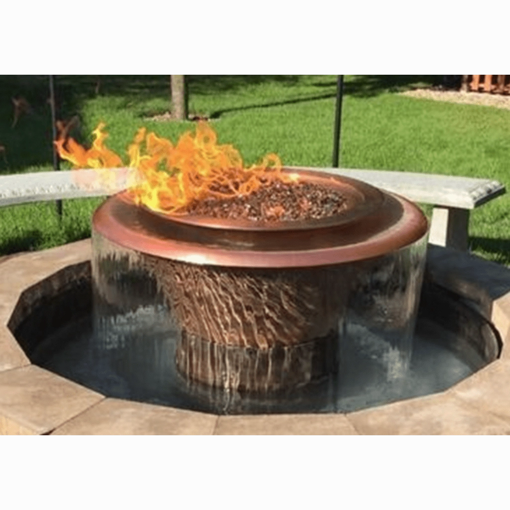 The Outdoor Plus Cazo 36 Hammered Copper 360 Spill Round 12V Electronic Ignition Fire & Water Bowl OPT-36FW360E12V