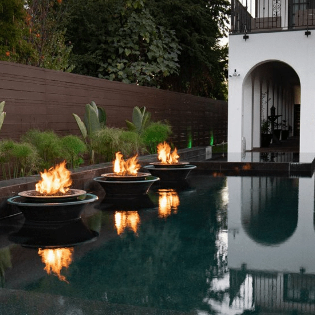 The Outdoor Plus Cazo 36 Hammered Copper 360 Spill Round 12V Electronic Ignition Fire & Water Bowl OPT-36FW360E12V