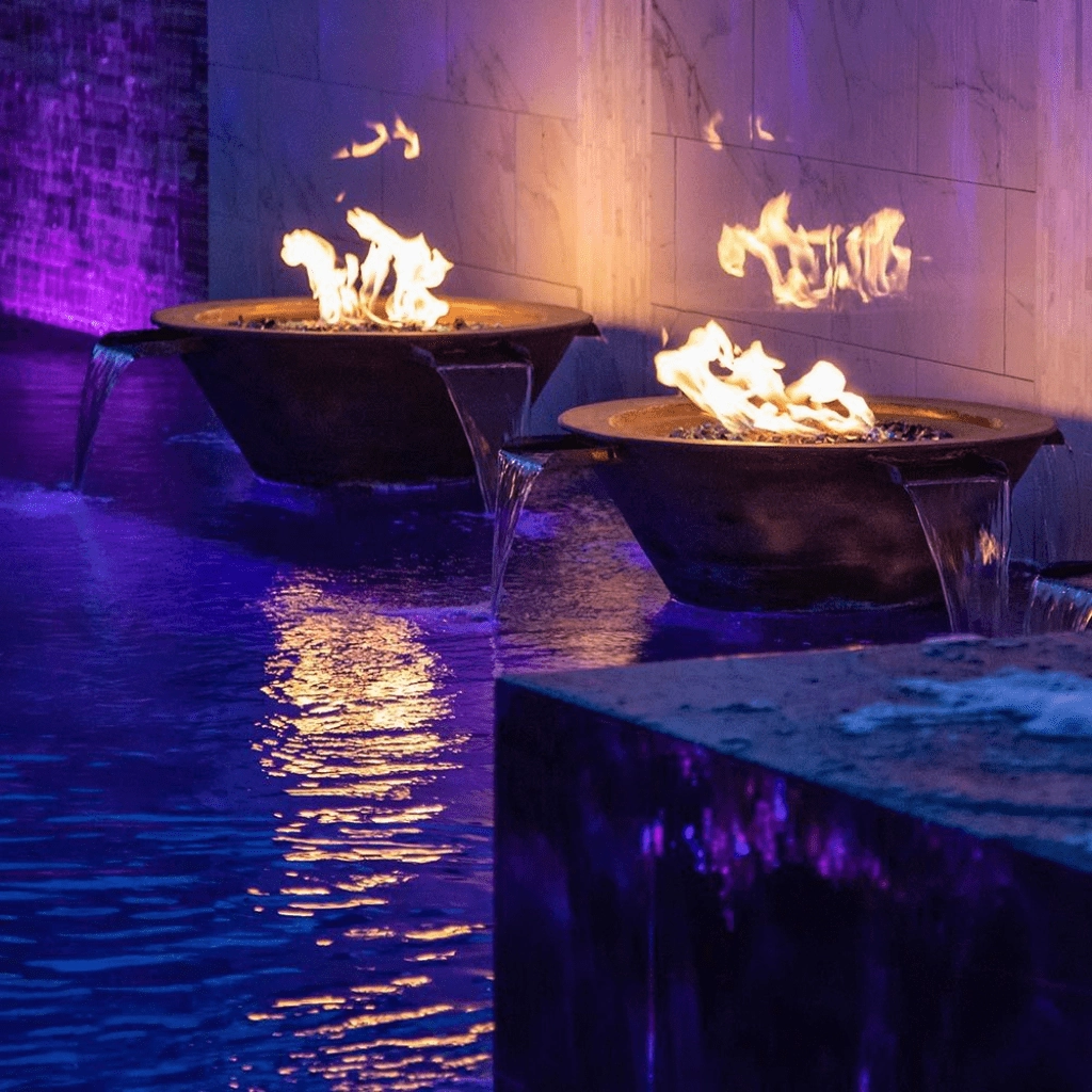 The Outdoor Plus Cazo 36" Hammered Copper 4 Way Spill Round 12V Electronic Ignition Fire & Water Bowl OPT-4W36E12V