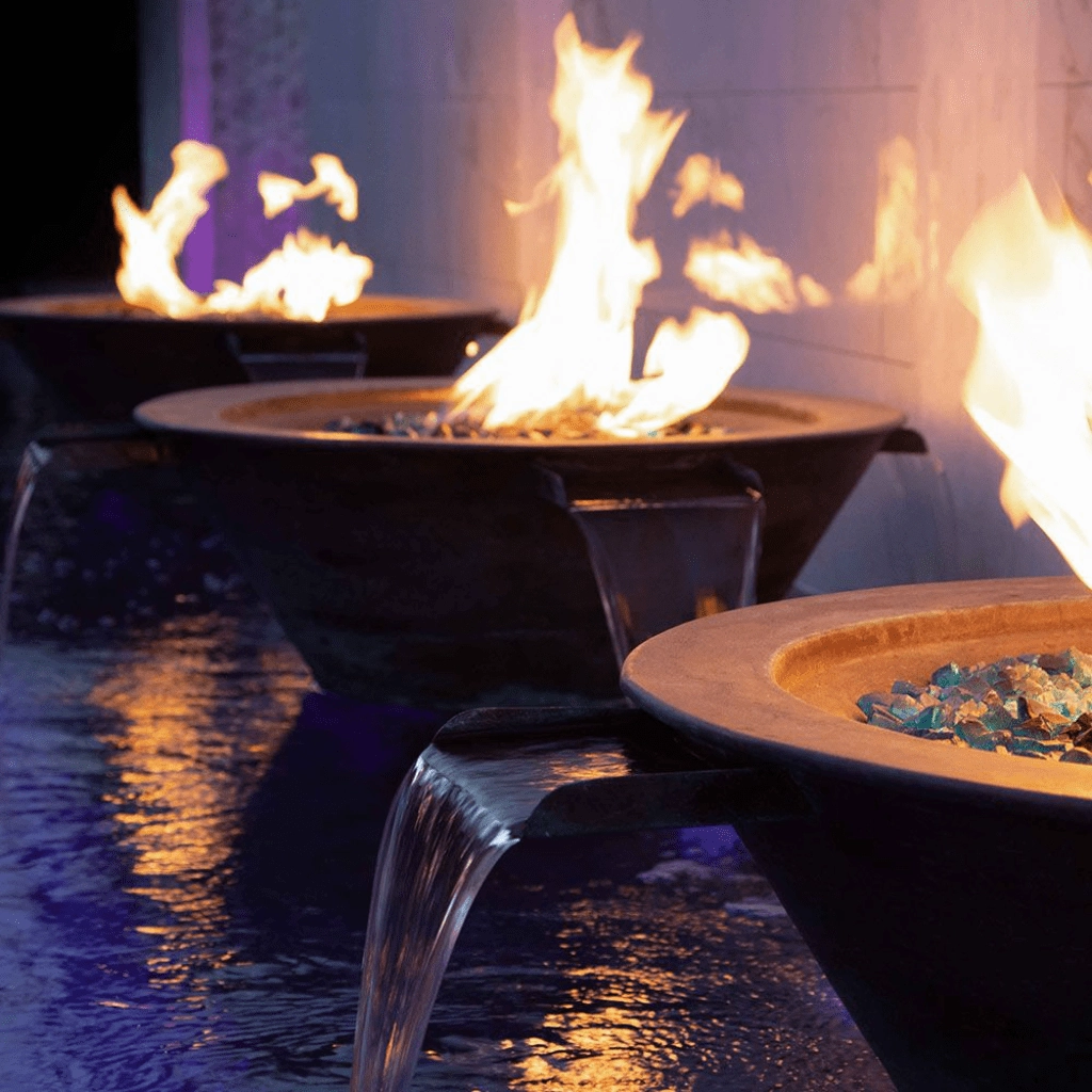The Outdoor Plus Cazo 36" Hammered Copper 4 Way Spill Round 12V Electronic Ignition Fire & Water Bowl OPT-4W36E12V