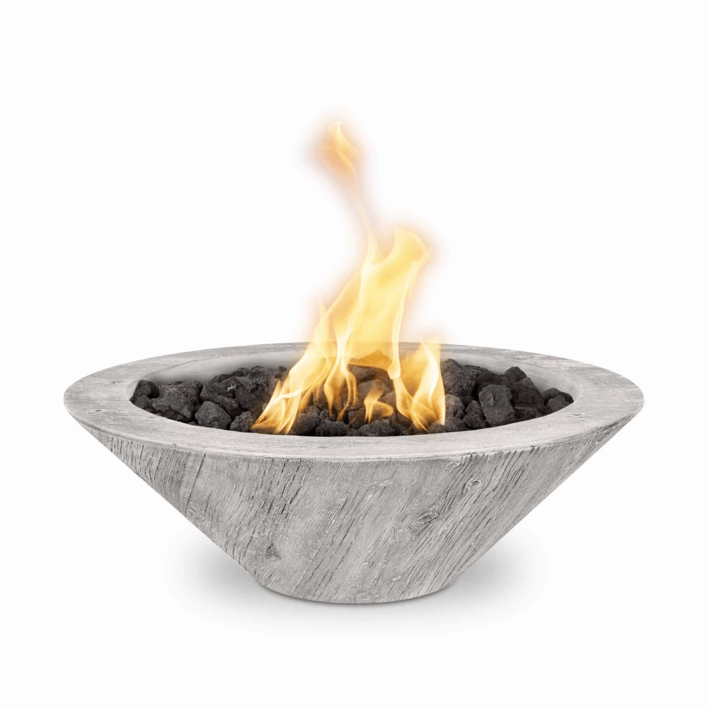 The Outdoor Plus Cazo GFRC 32" Wood Grain Concrete Round 12V Electronic Ignition Fire Bowl OPT-32RWGFOE12V