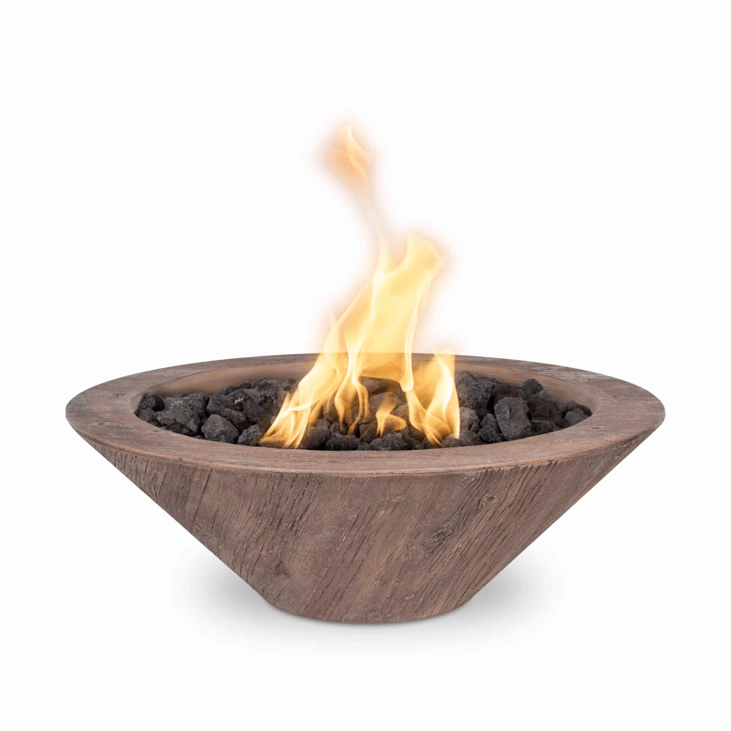 The Outdoor Plus Cazo GFRC 32" Wood Grain Concrete Round 12V Electronic Ignition Fire Bowl OPT-32RWGFOE12V