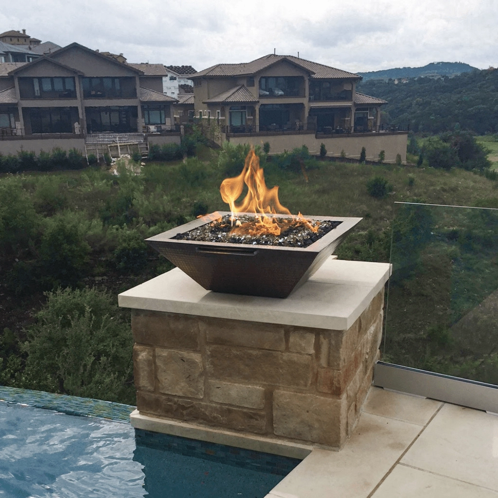 The Outdoor Plus Maya 24" Electronic Ignition Hammered Copper Square Fire & Water Bowl OPT-24SCFWE12V