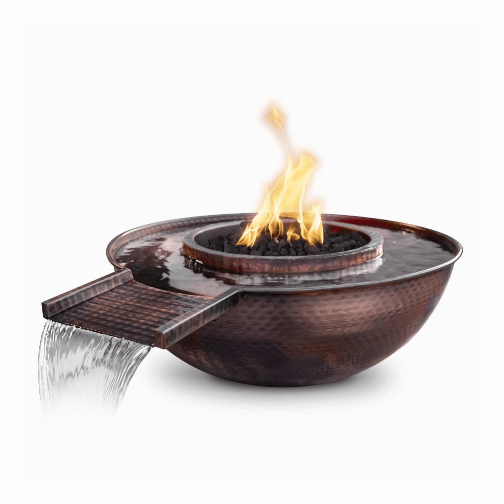 The Outdoor Plus Sedona 27" Hammered Copper Gravity Spill Round 12V Electronic Ignition Fire & Water Bowl OPT-27RCPRFWGSE12Vportable outdoor fire pit with lid