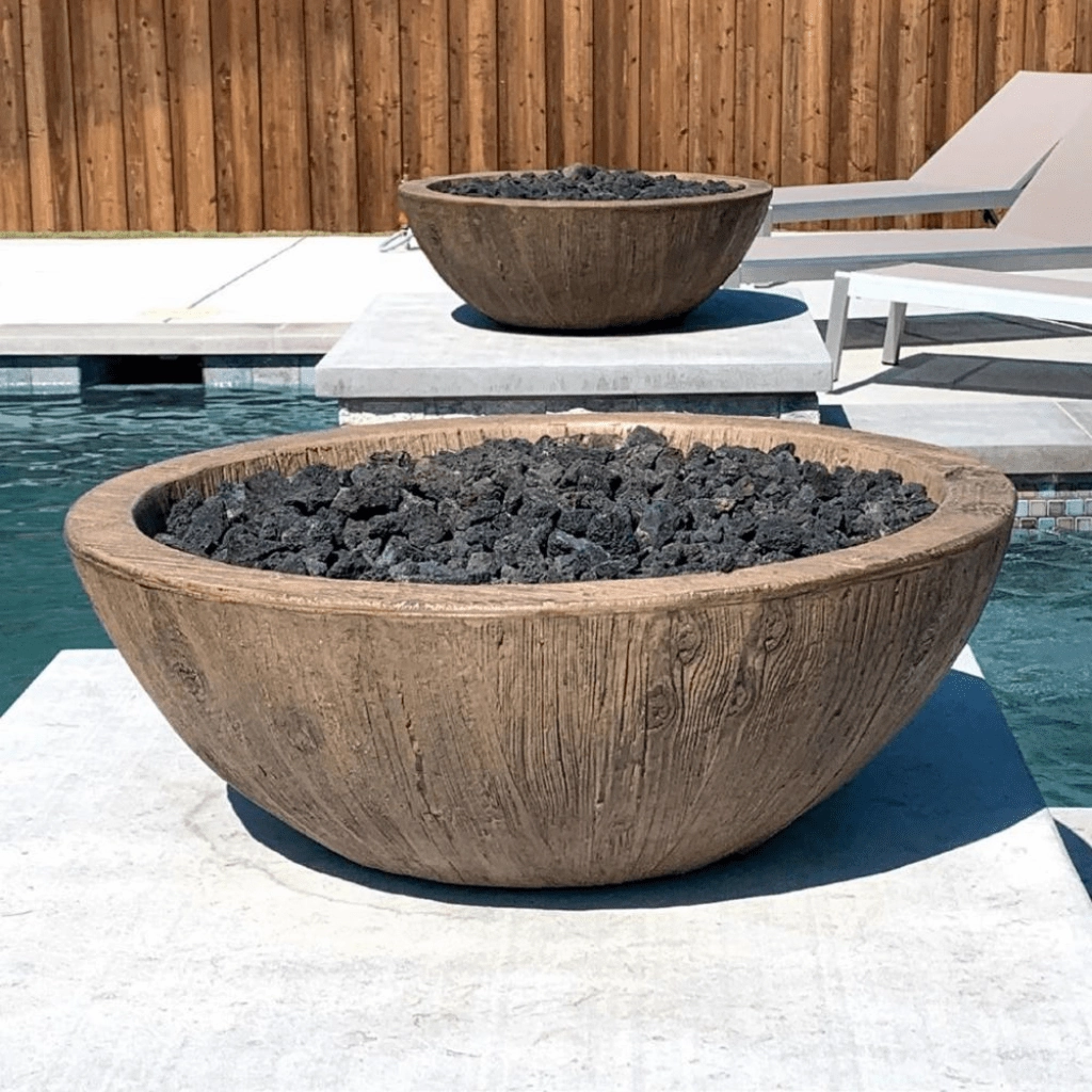 The Outdoor Plus Sedona GFRC 27" Wood Grain Concrete Round 12V Electronic Ignition Fire Bowl OPT-27RWGFOE12V