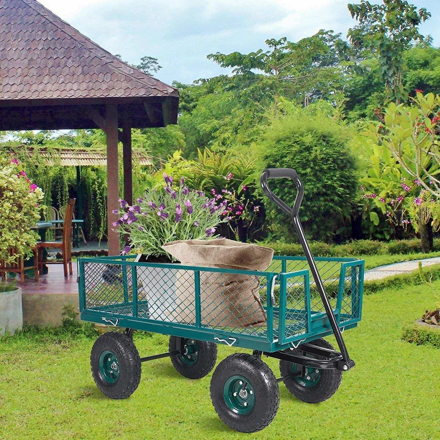 Utility Wagon Garden Cart Heavy Duty Steel Farm Cart with Removable Folding Sides