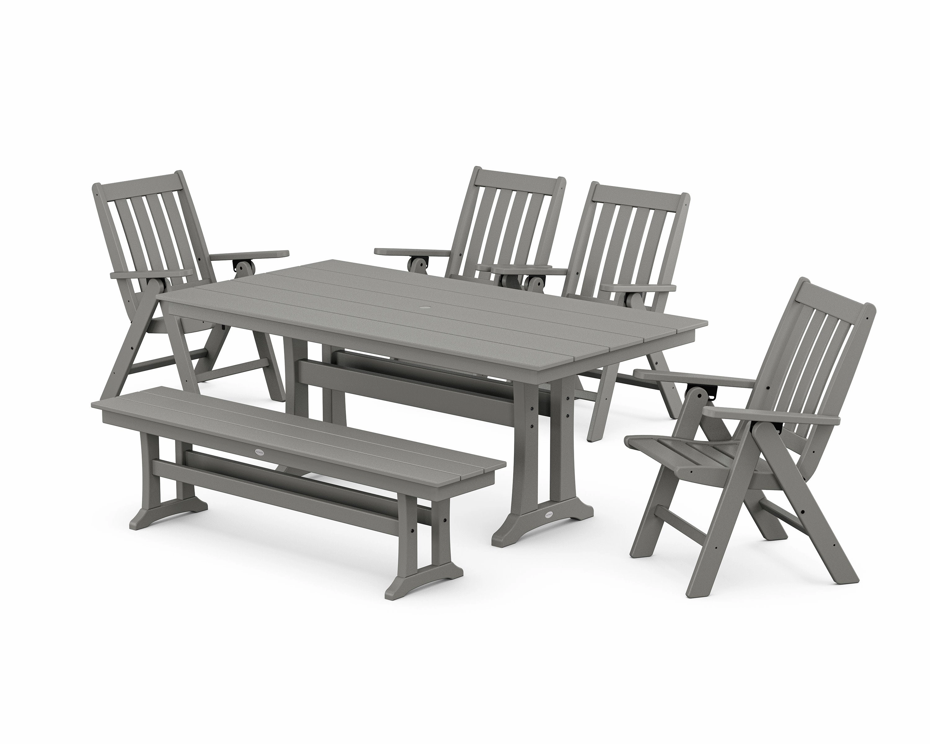 Vineyard 6-Piece Folding Chair Farmhouse Dining Set with Trestle Legs and Benchoutdoor patio furniture set