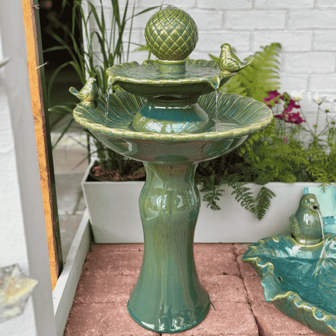 Water Feature Tiered Bird Bath Ceramic - Greenoutdoor garden decorative ornaments
