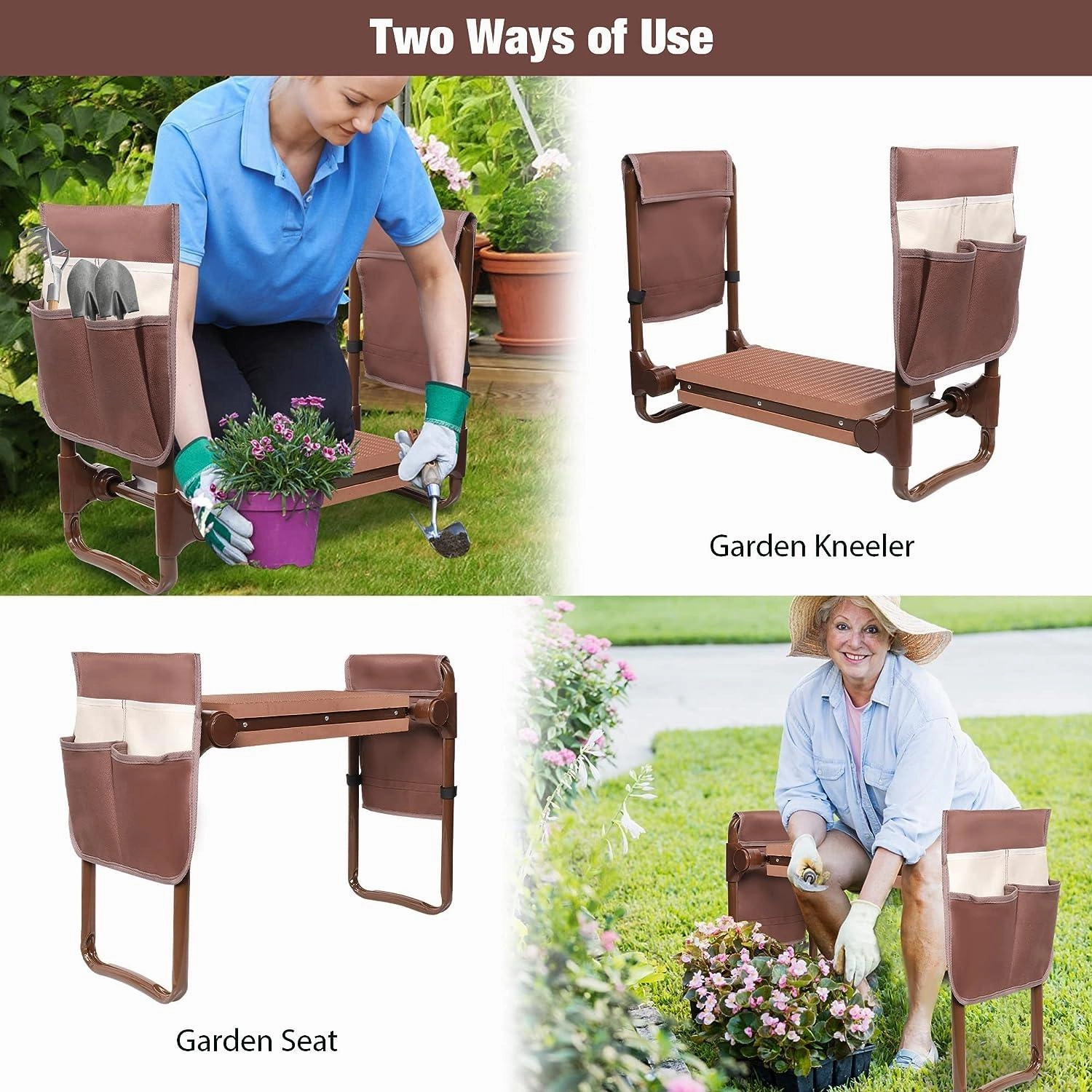 Widen Upgrade Garden Kneeler Seat Garden Stools Bench with 2 Tool Pouches, Brown
