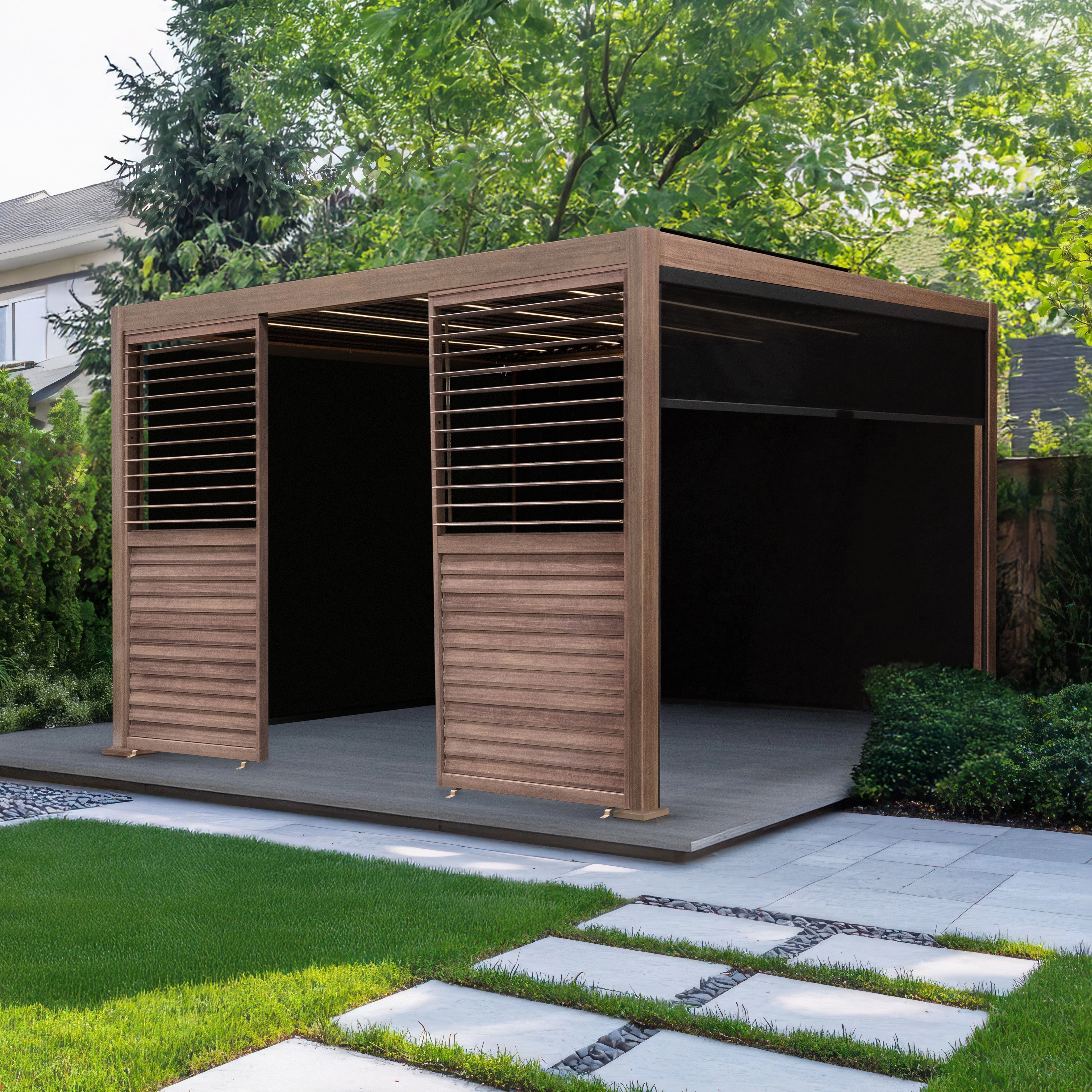 Wood Effect Aluminium Pergola With Blinds, 2 x Side Panels & LED Lights - 4m x 3m