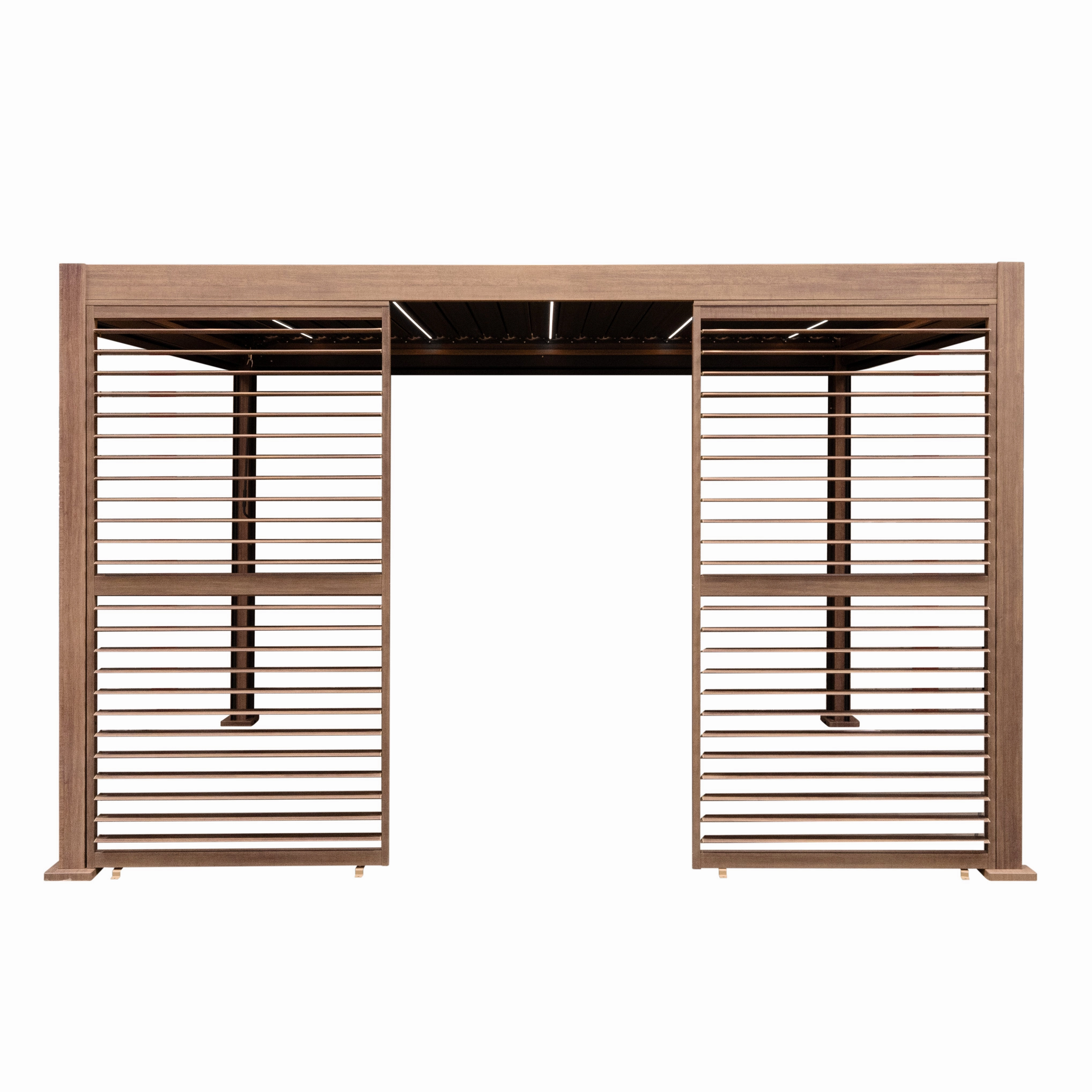 Wood Effect Aluminium Pergola With Blinds, 2 x Side Panels & LED Lights - 4m x 3m